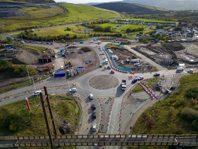 Aerial view of roadworks and traffic cones during the dualling of the A465 road in South Wales