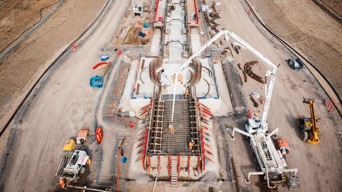 Aerial view of Havant Thicket culvert construction site, concrete pump trucks, workers and heavy equipment