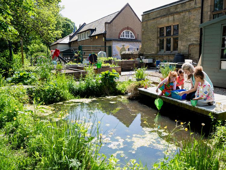 woman and children sit by a pond with a net