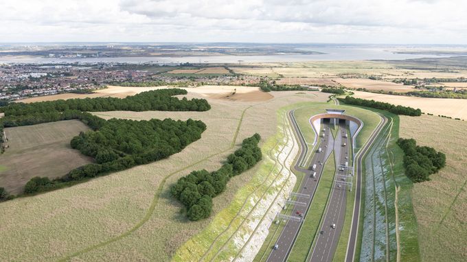 Computer generated aerial view of a dual carriageway cutting through grassy embankments