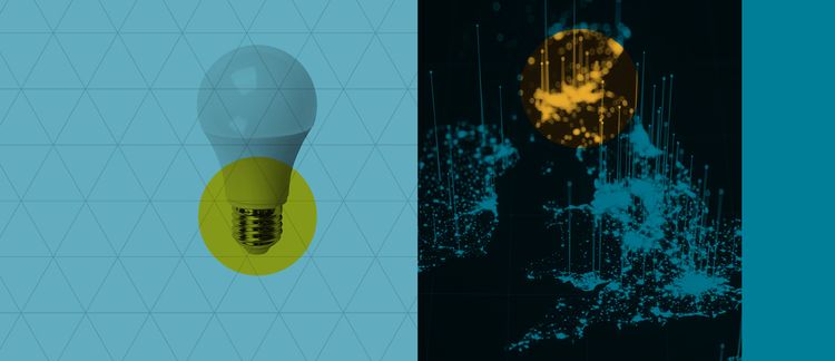 Composite image of a light bulb on a blue grid background and abstract orange and blue splashes on black, with blue and yellow circles.