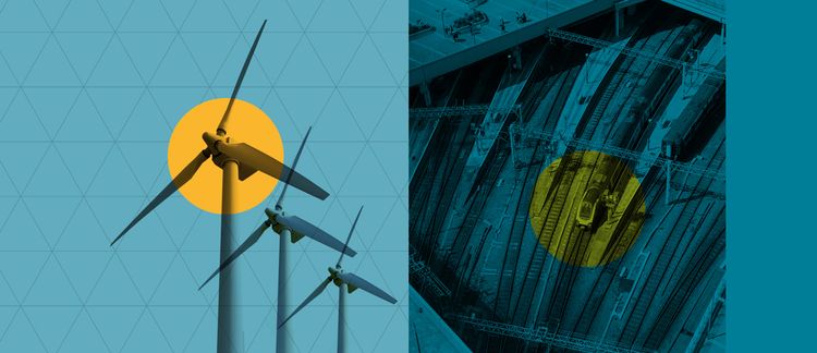 Illustration of wind turbines against a geometric blue background, and an overhead view of a factory with a yellow circle highlighting a crane.