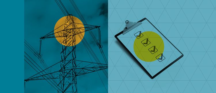 Split image: Left shows a power line tower on a blue background, right shows a clipboard with checkmarks on a grid-patterned background.