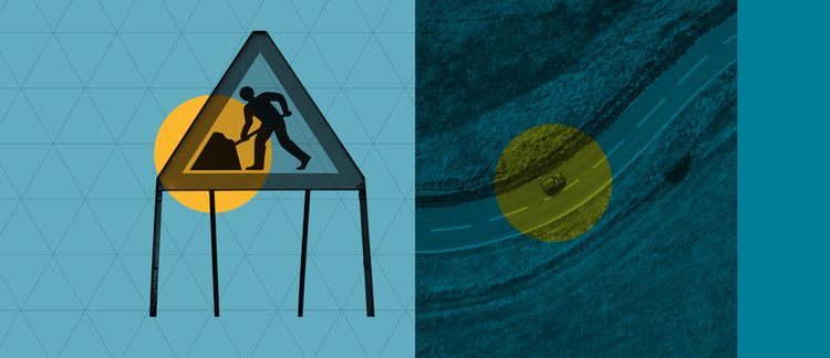 Roadwork sign on the left, car on a winding road on the right, with a teal and yellow color scheme.