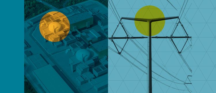 Split image of an aerial view of buildings with an orange circle on the left and a power pole with a yellow circle on a patterned blue background on the right.