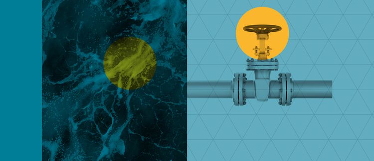 Split image: ocean waves with a yellow circle on the left, and a pipeline with a valve over grid pattern on the right.