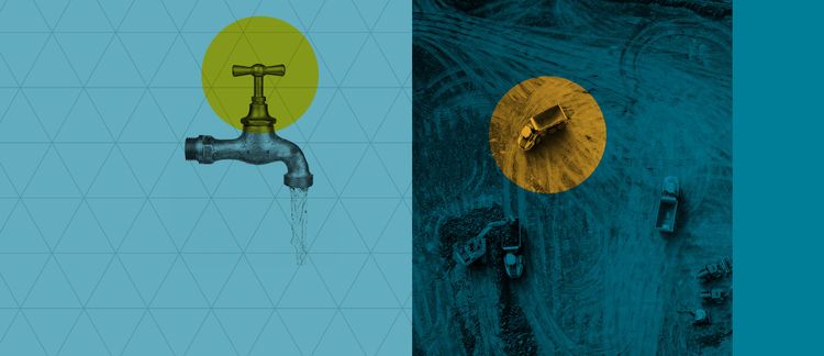 Collage of a running tap and an aerial view of construction vehicles on a dirt site.