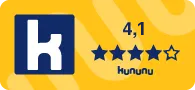 A yellow card with a blue "k" icon, a 4.1-star rating, and "kununu" text, featuring four full stars and one half star.