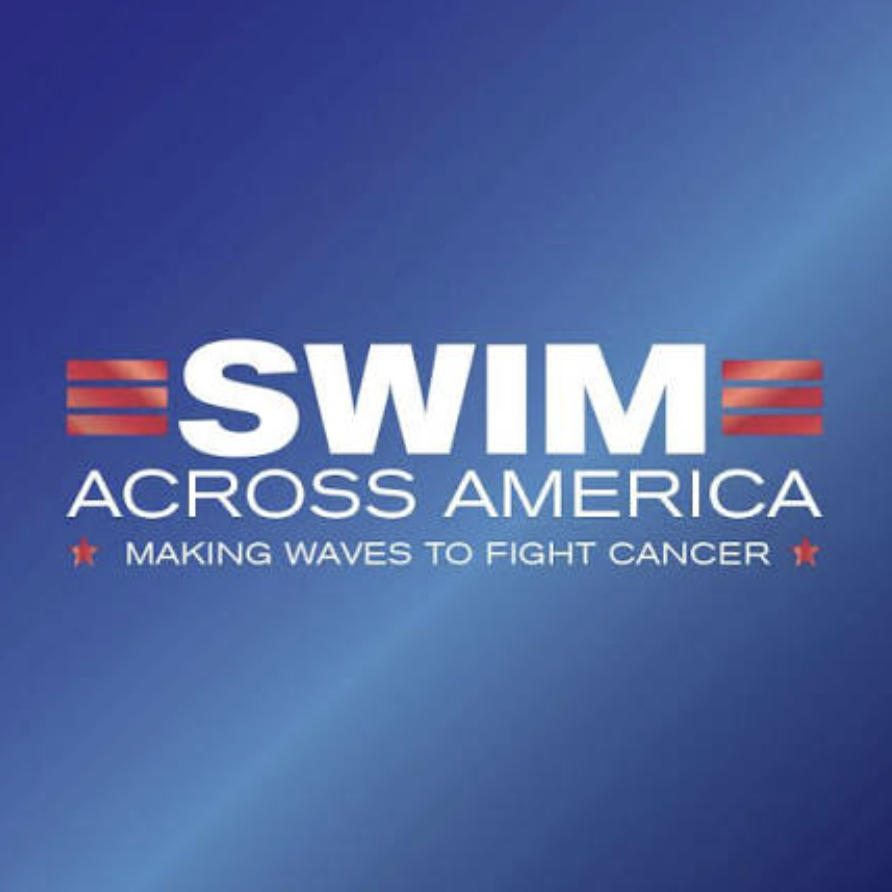 Logo of "Swim Across America" with the tagline "Making Waves to Fight Cancer" on a blue gradient background.