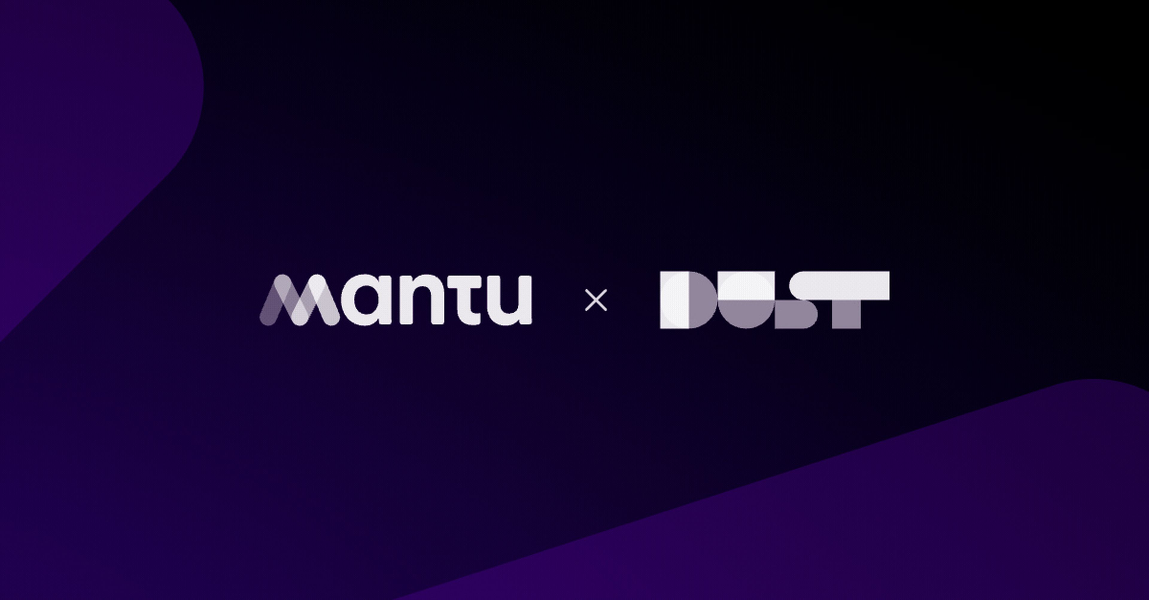 Logos of "Mantu" and "Dust" on a dark purple background, separated by an "X".