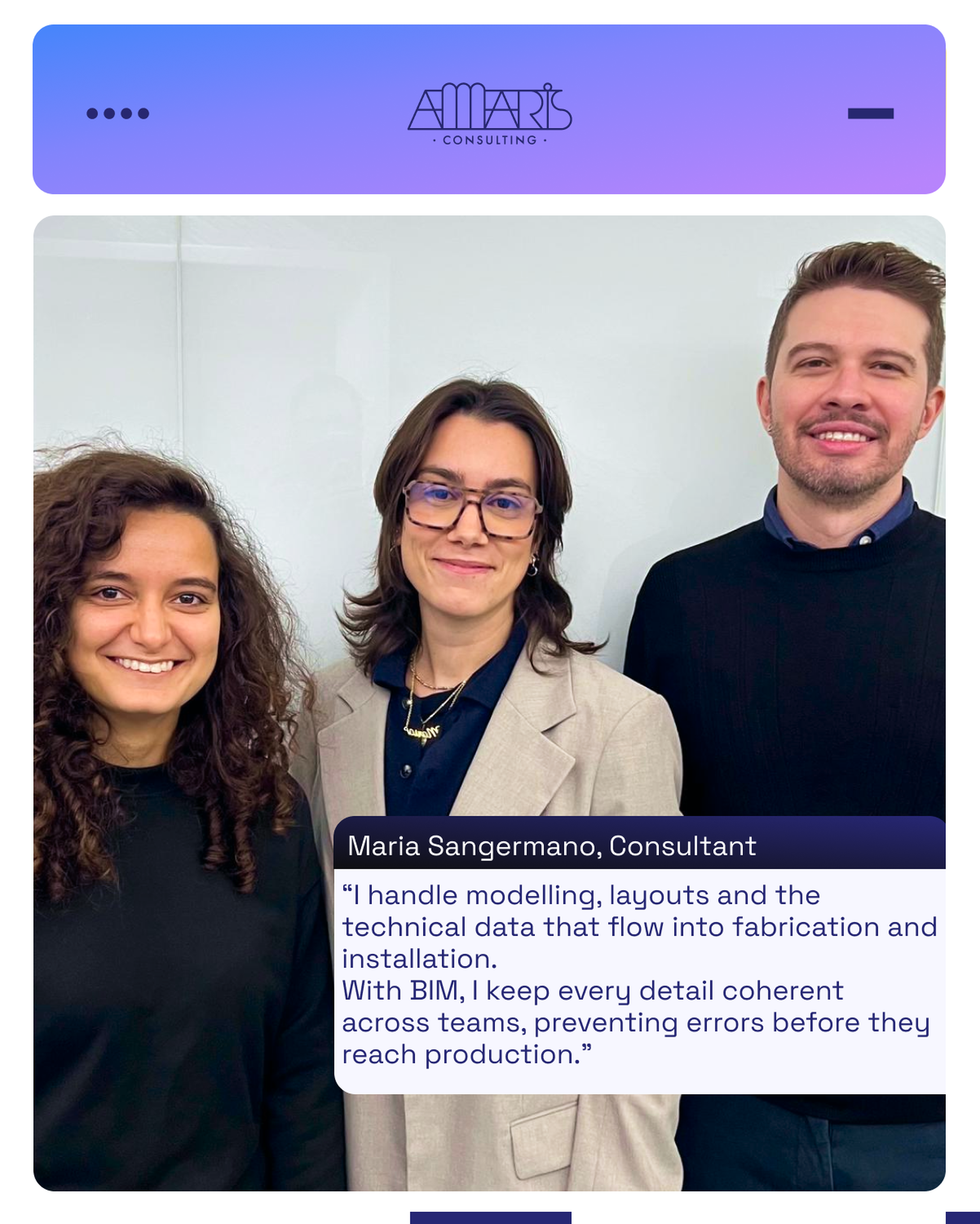 Three people smiling at the camera in a consulting office, with text about BIM and technical data management displayed over the image.