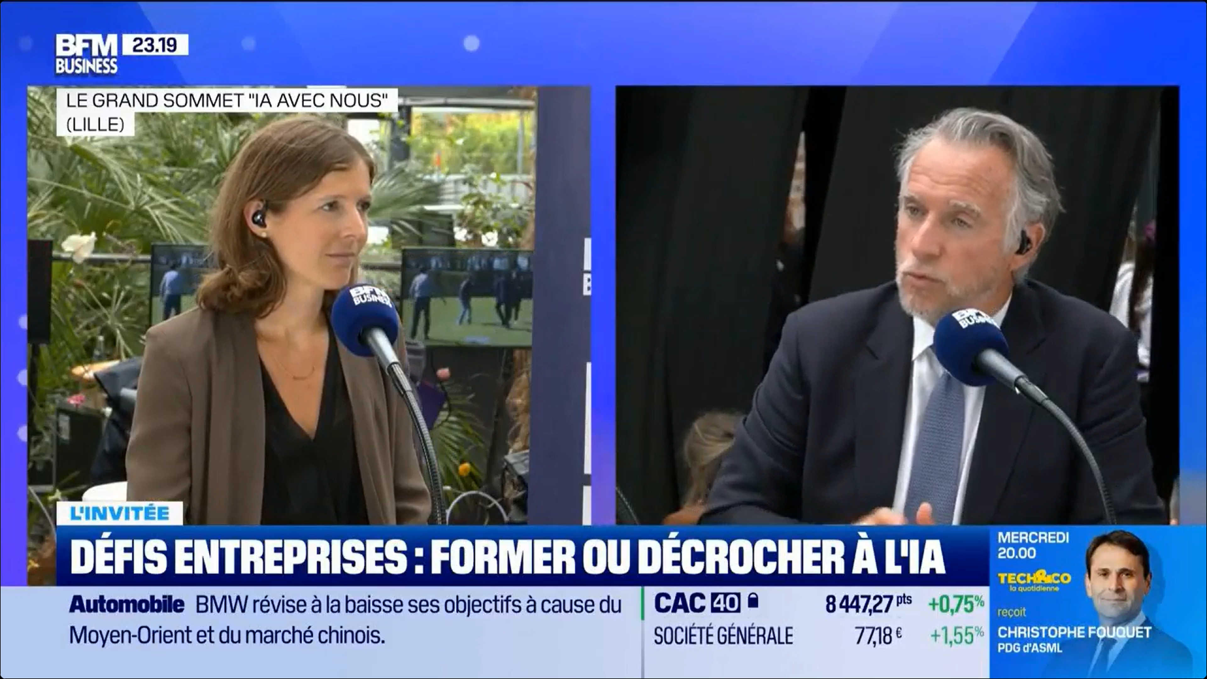 Two people are shown speaking into BFM Business microphones. The background displays plants and screens, featuring the segment title "Défis Entreprises."