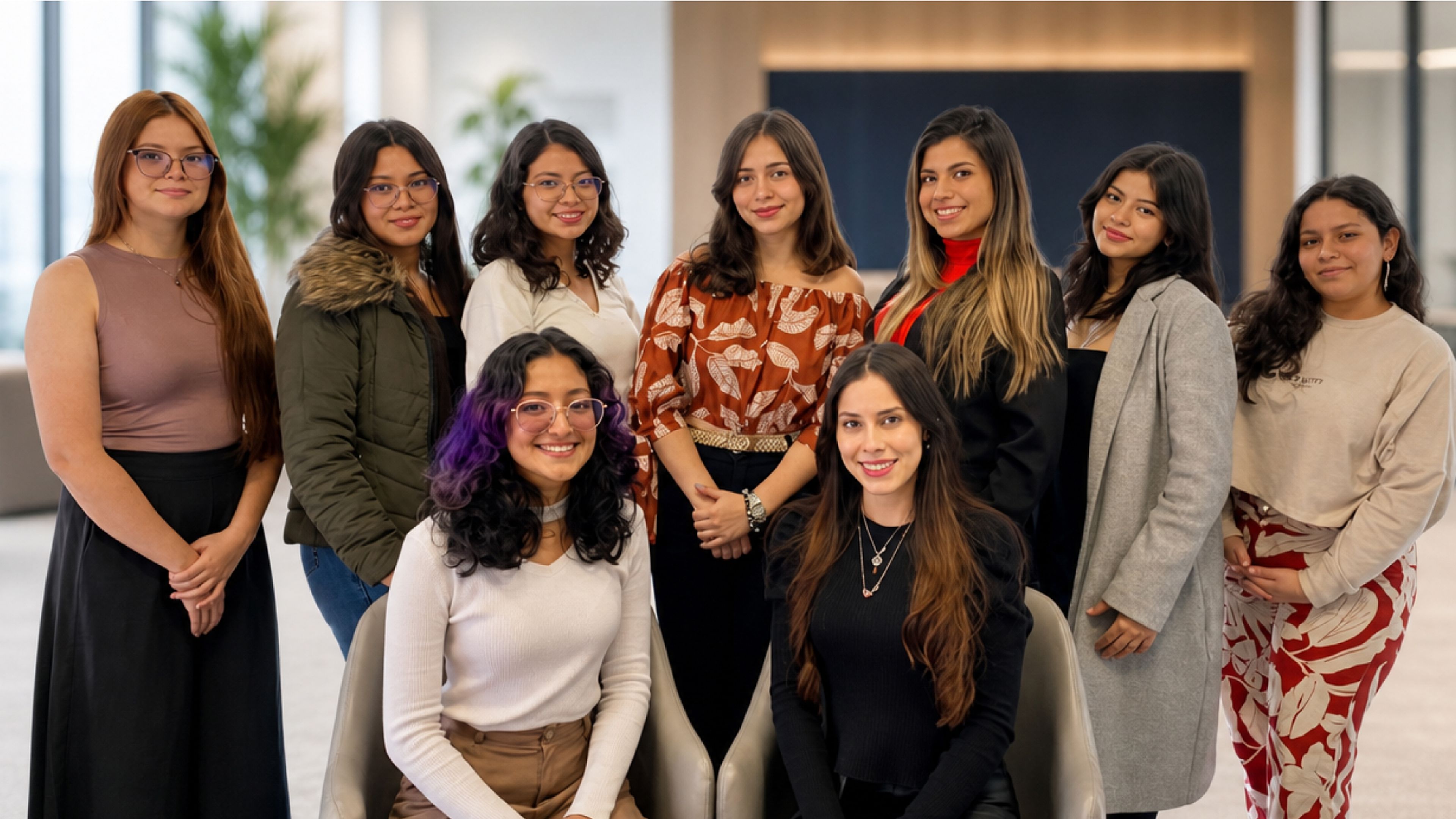 A group of nine women is standing and sitting together, smiling, in a bright indoor setting with plants and modern decor in the background.