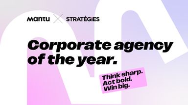 Bold text on gradient background: "Corporate agency of the year." with "Think sharp. Act bold. Win big" on a pink square. Mantu x Stratégies logos.
