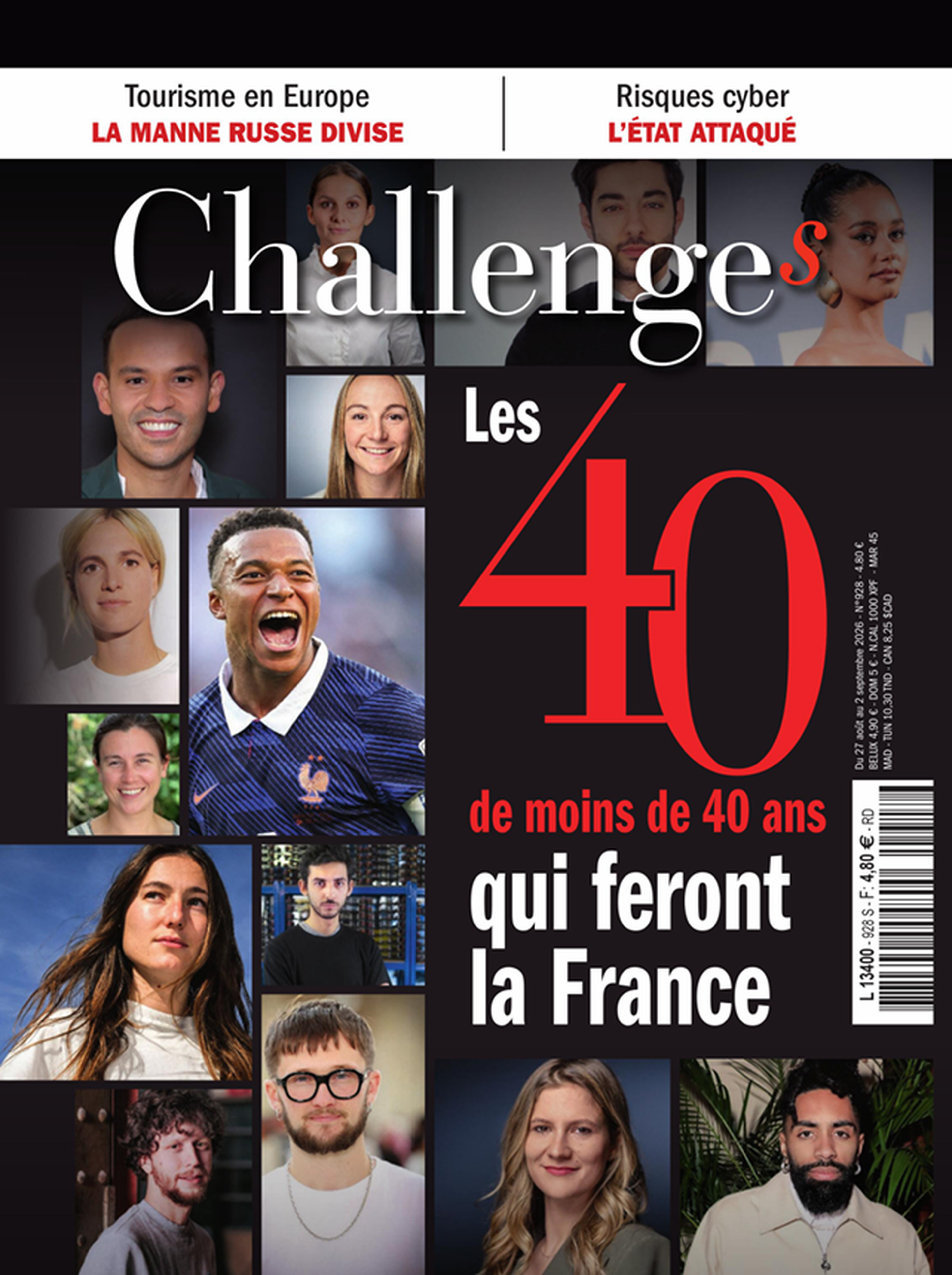 Magazine cover featuring "Les 40 de moins de 40 ans qui feront la France" with portraits of diverse individuals and bold headlines.