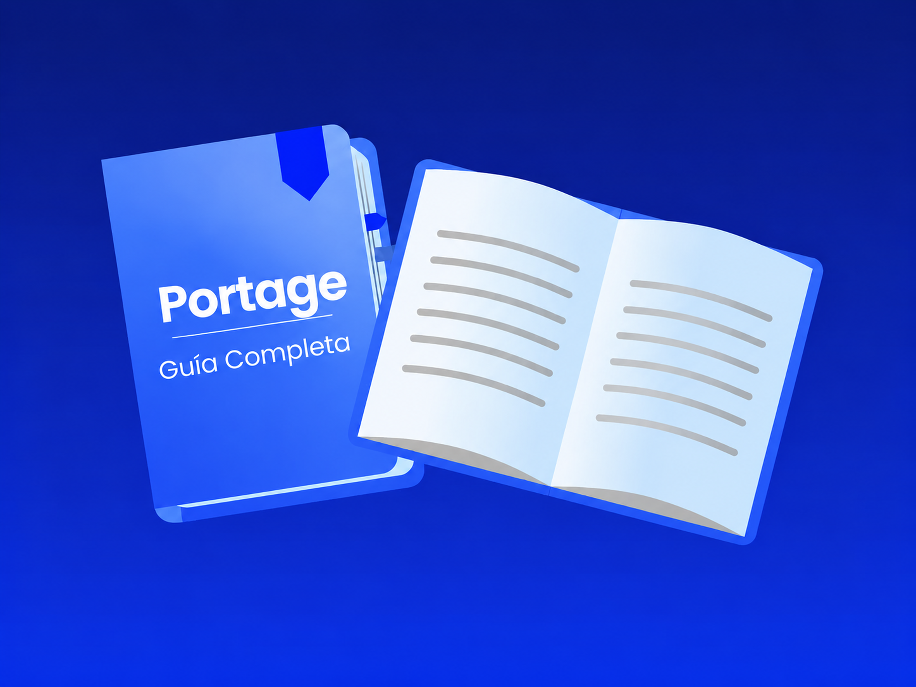 Ilustração de um guia azul fechado intitulado "Portage Guía Completa" e um livro aberto com páginas pautadas sobre um fundo azul.