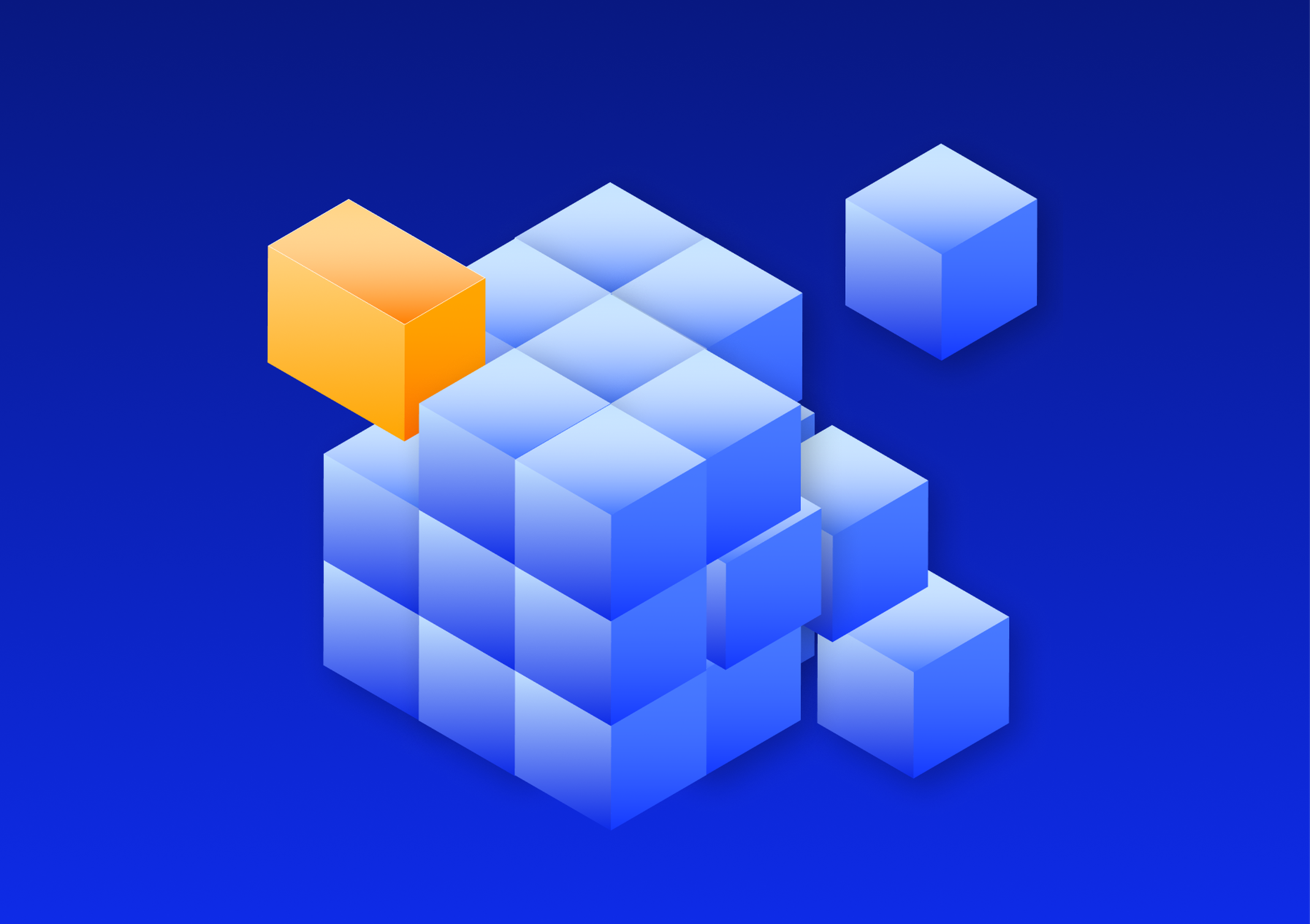 A 3D illustration of blue cubes forming a larger cube, with a single orange cube extending outward, on a dark blue background.