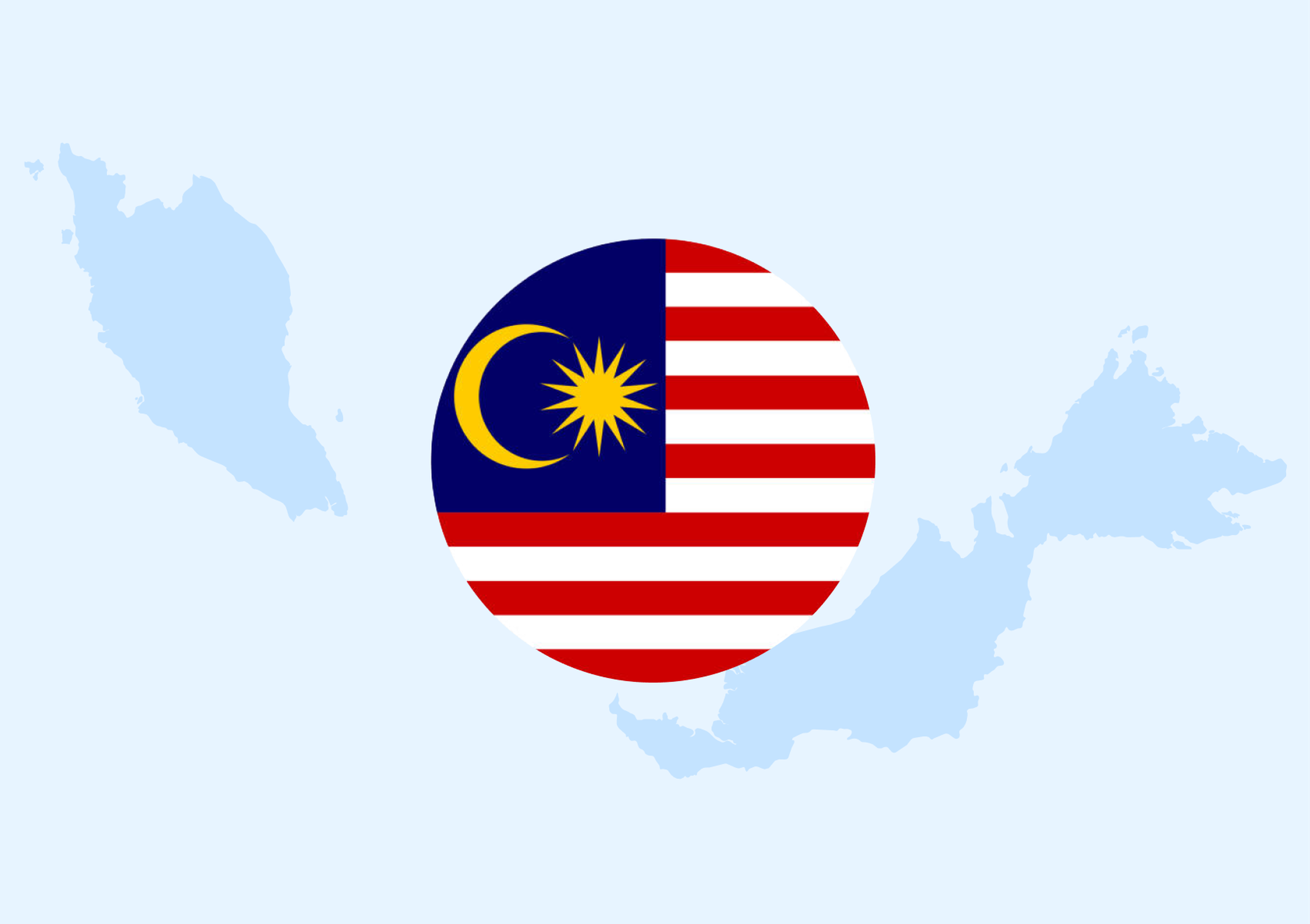 A circular Malaysian flag with a crescent and 14-point star overlays a light blue map of Malaysia in the background.