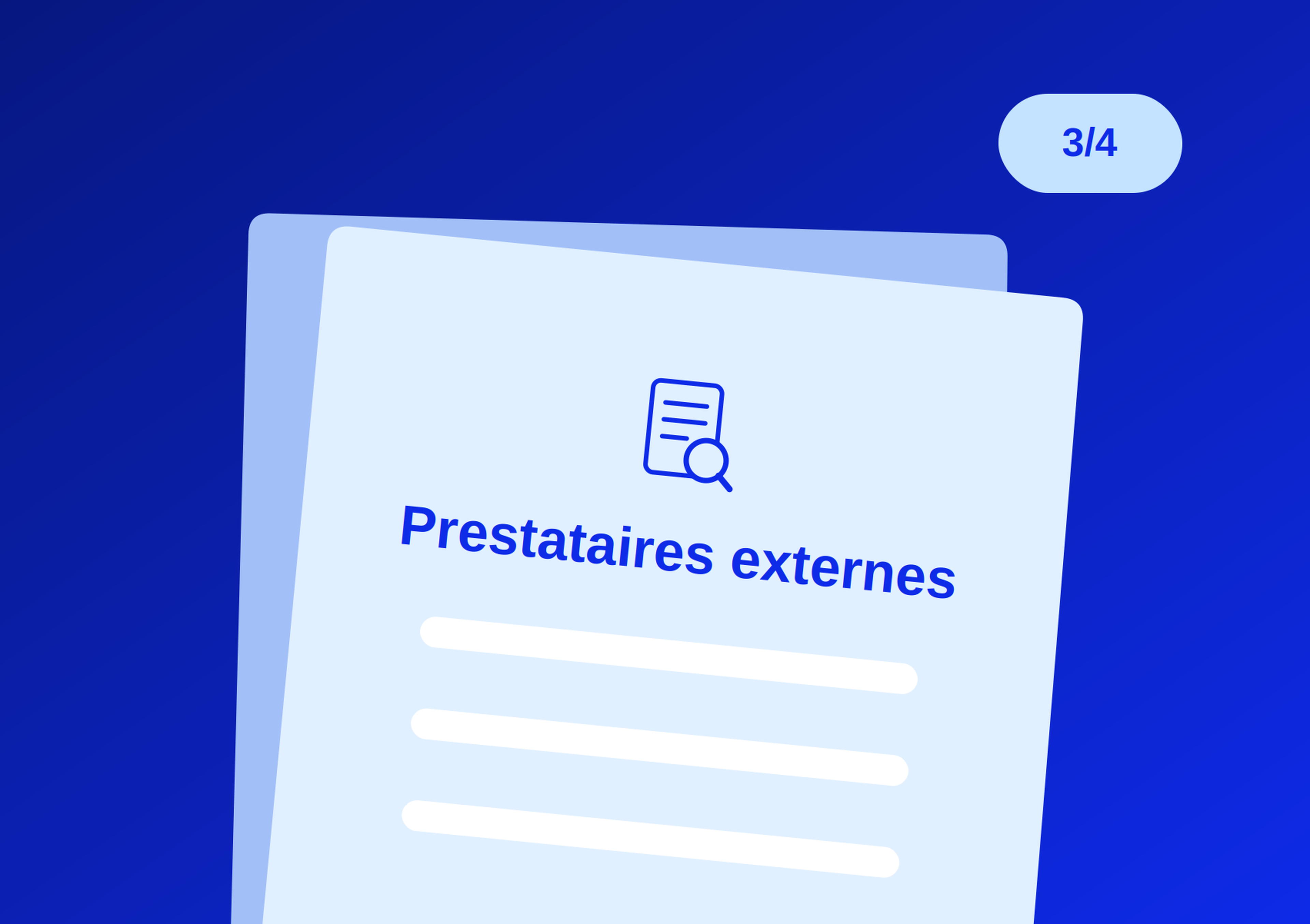 Document with "Prestataires externes" and an icon of a magnifying glass over a page, set against a blue background with a "3/4" label.