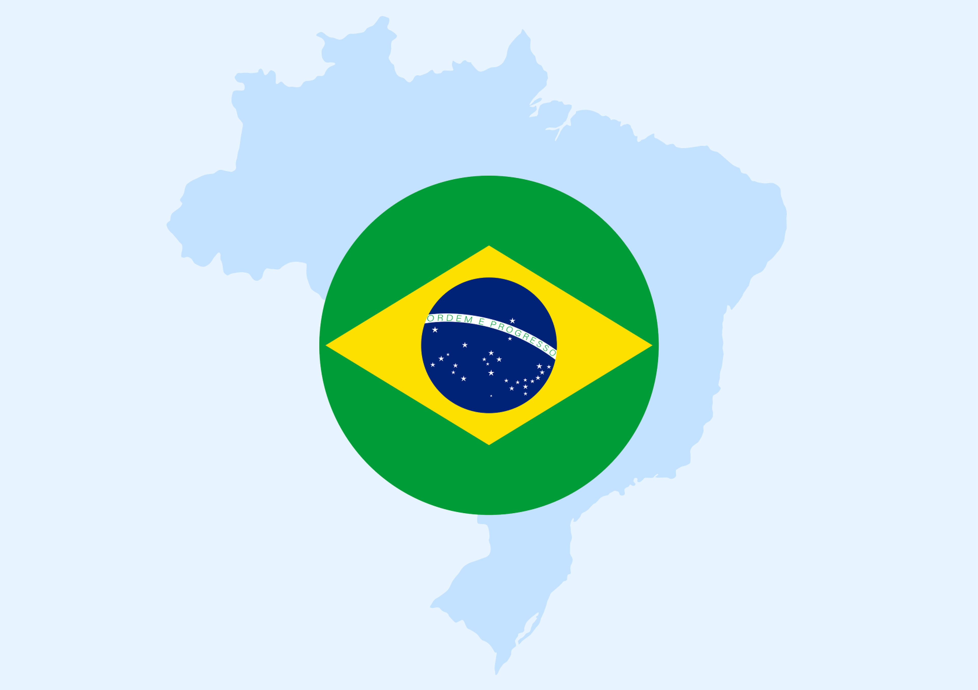 Map of Brazil with the Brazilian flag centered on it.