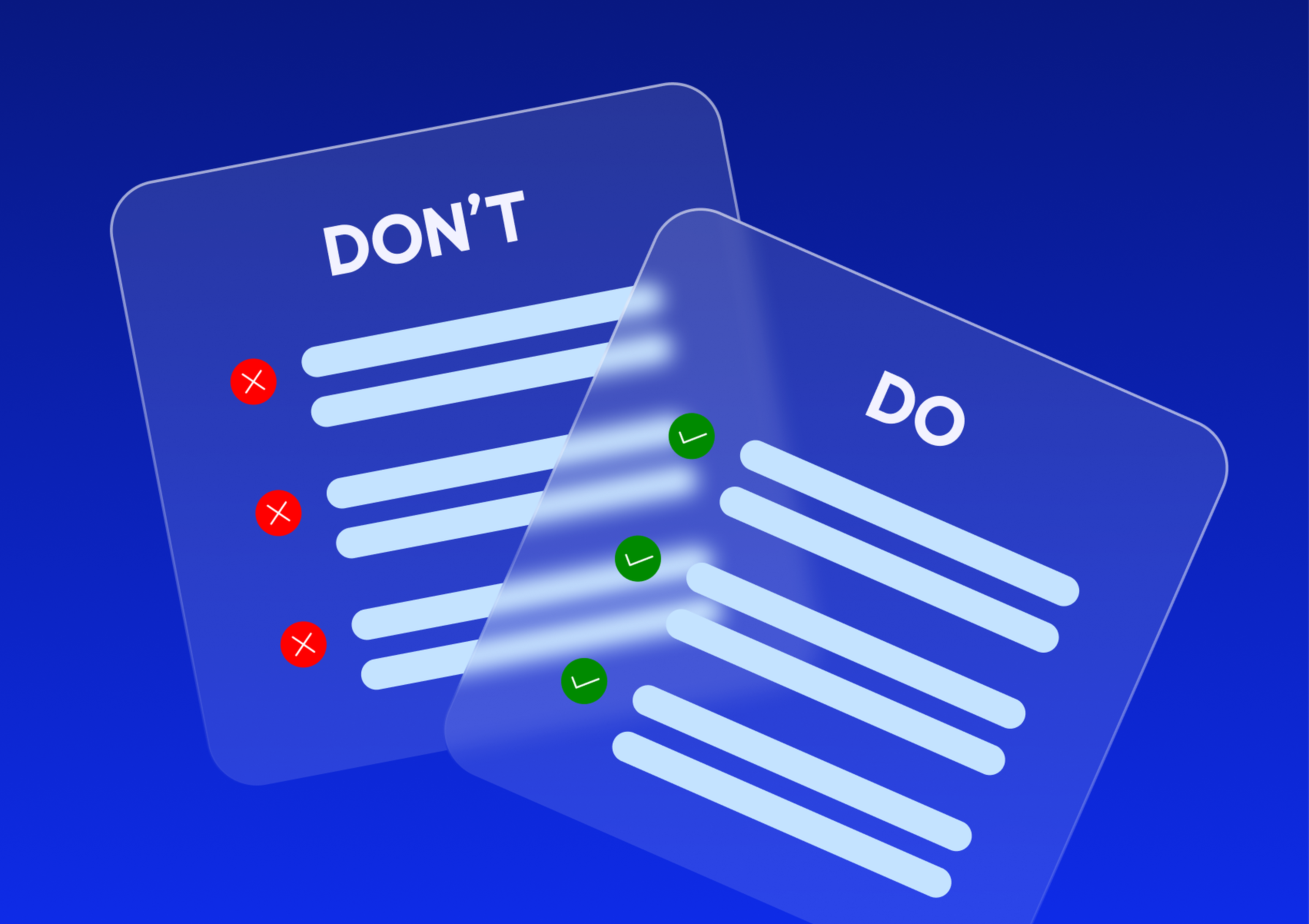 Two glass panels titled "DON'T" and "DO" with corresponding lists; red Xs on "DON'T" and green checkmarks on "DO" against a blue background.