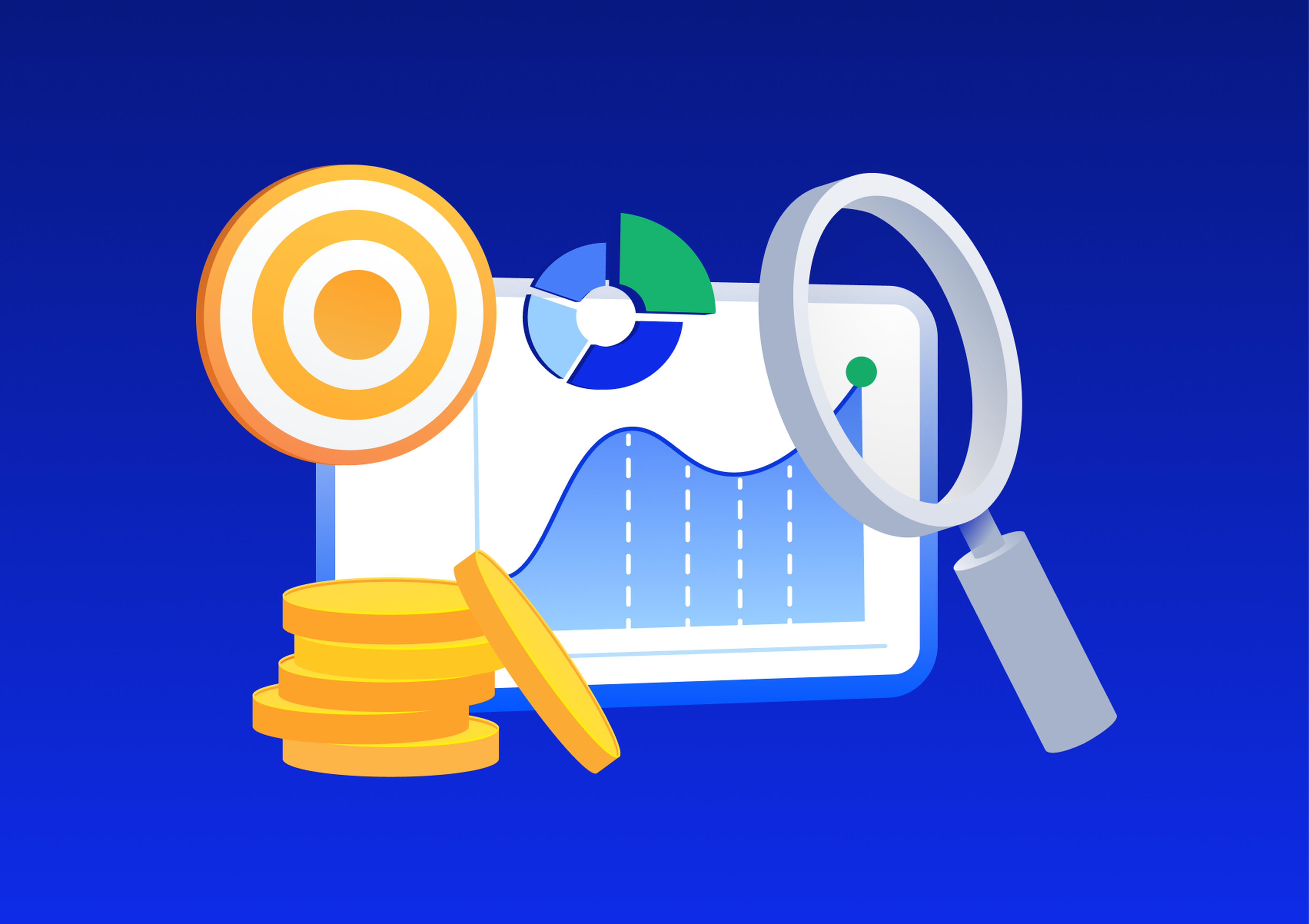 Graphic of a financial dashboard with charts, target symbol, coins, and magnifying glass on a blue background.