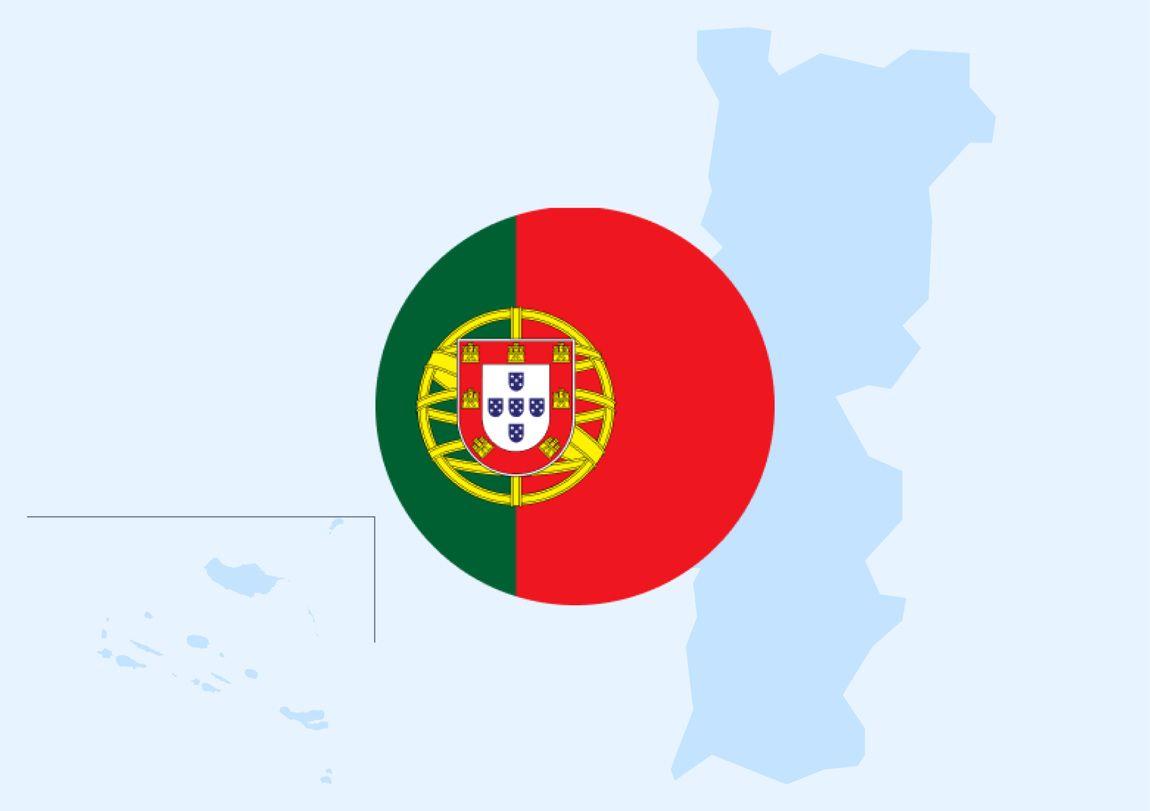 Map highlighting Portugal with its flag overlaid; flag features green and red sections with a detailed coat of arms in the center.