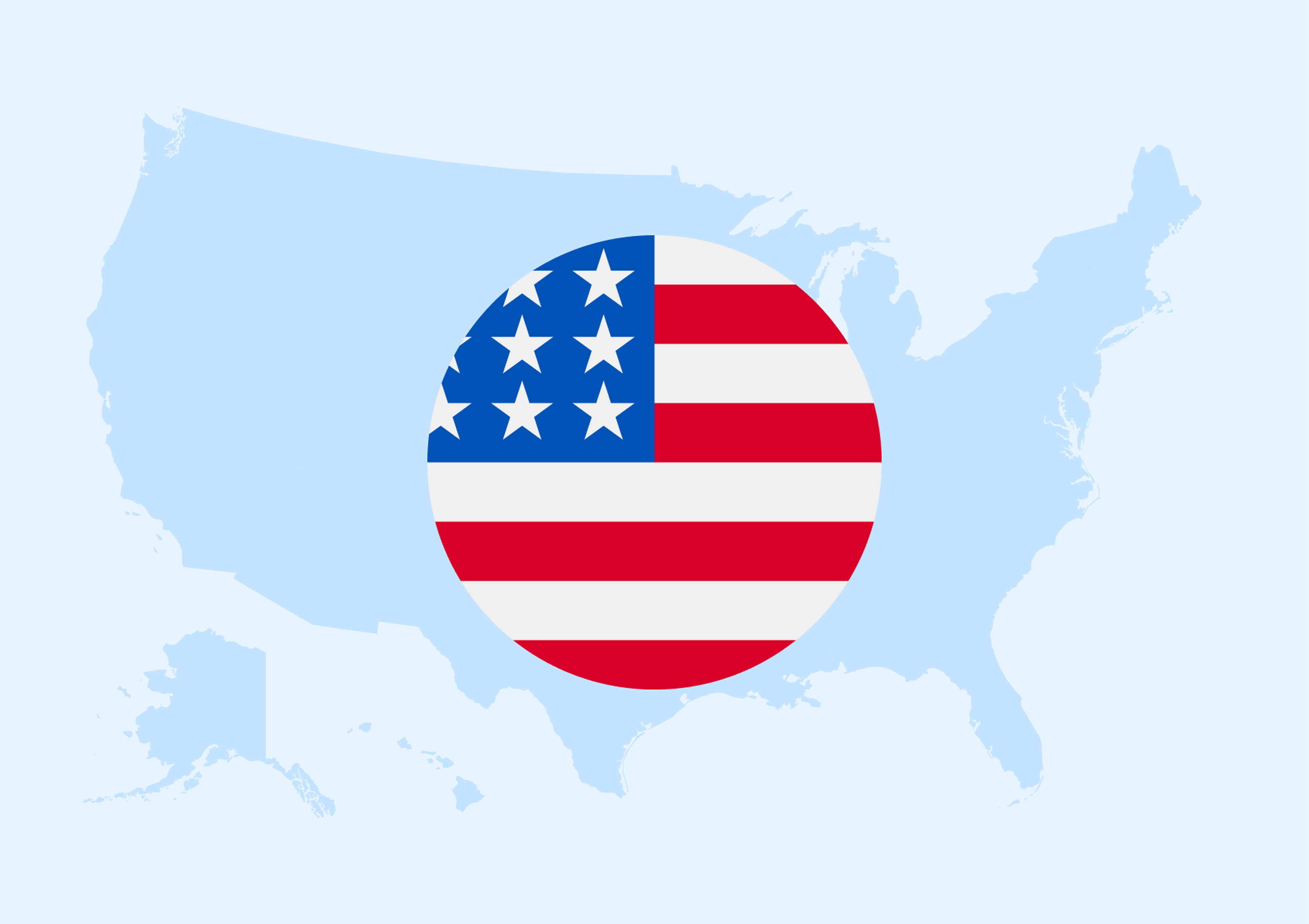 Map of the USA with a circular American flag overlay in the center against a light blue background.