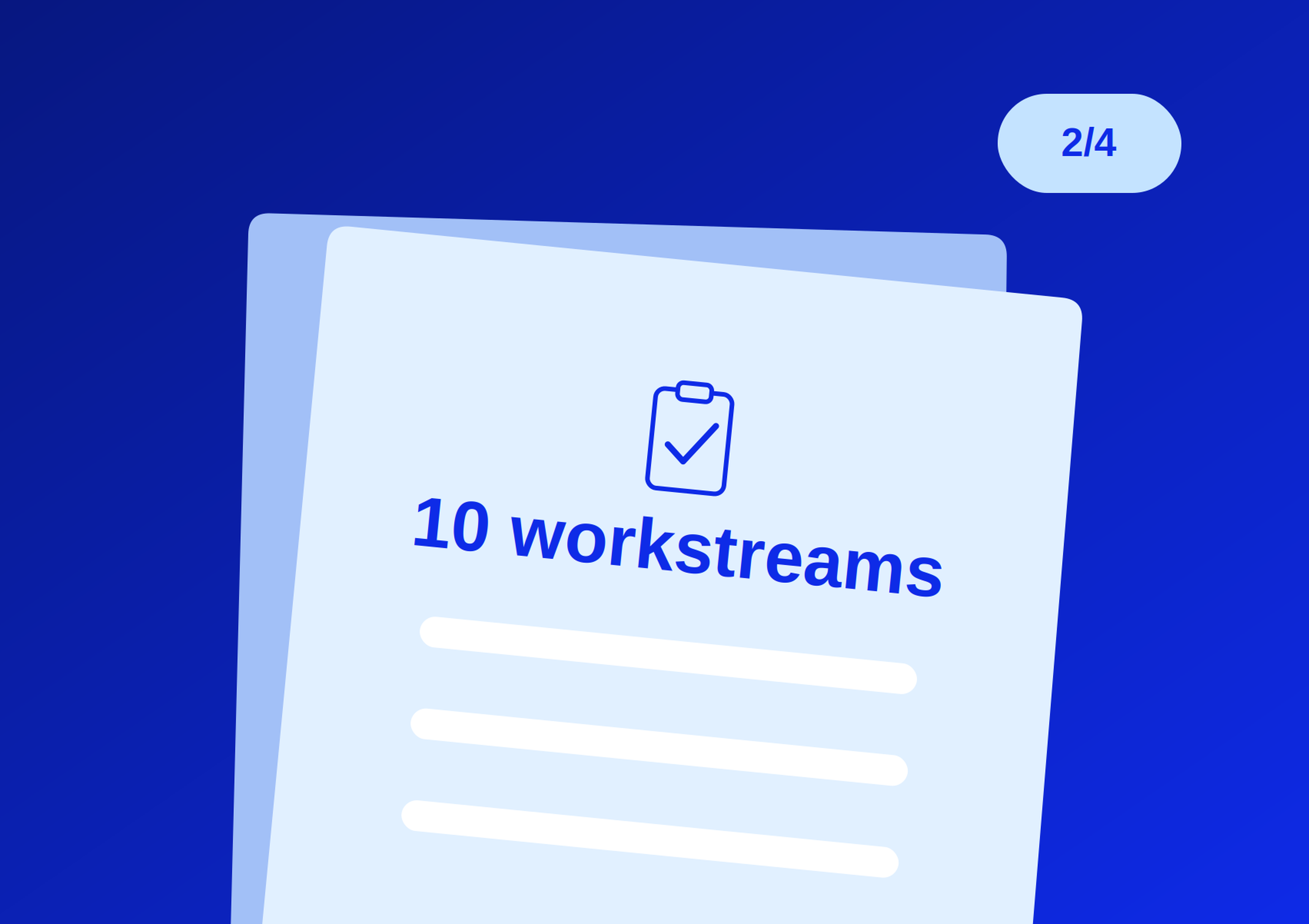 Document icon with "10 workstreams" text and checkmark on a blue gradient background.