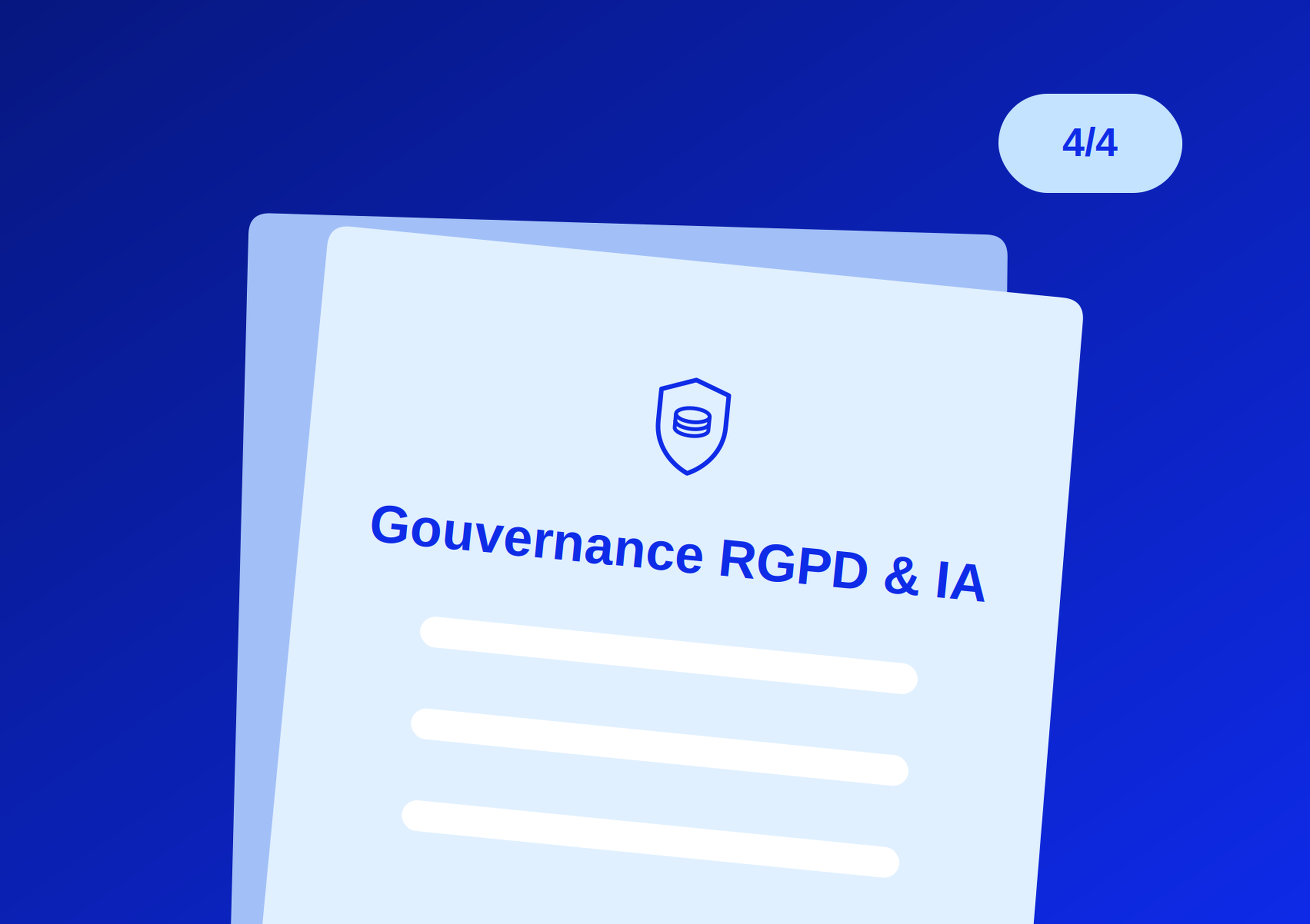 Document titled "Gouvernance RGPD & IA" with a shield icon on a blue gradient background.