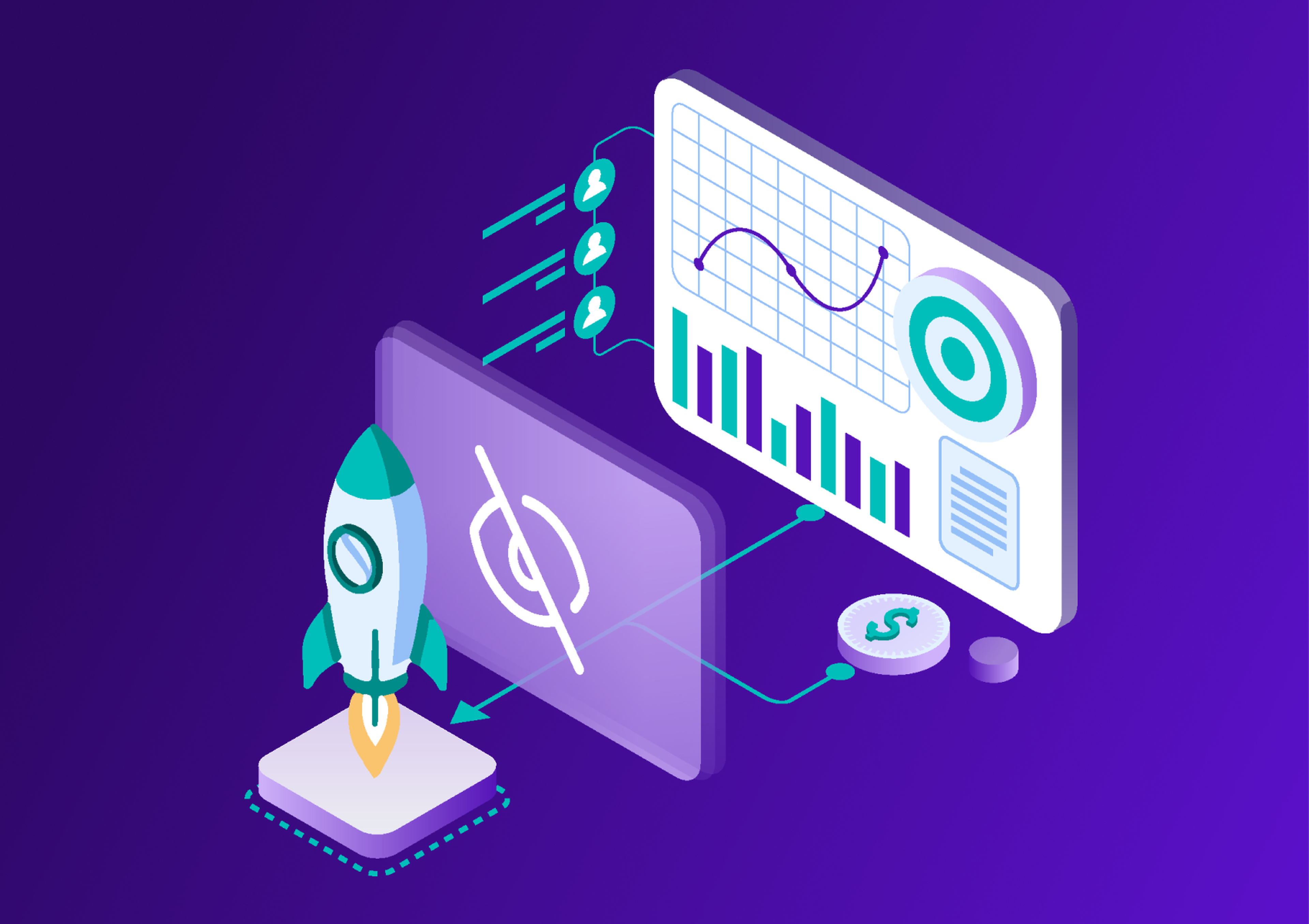 A vector illustration showing a rocket, target board, and bar graph on a purple background, symbolizing business growth and data analysis.