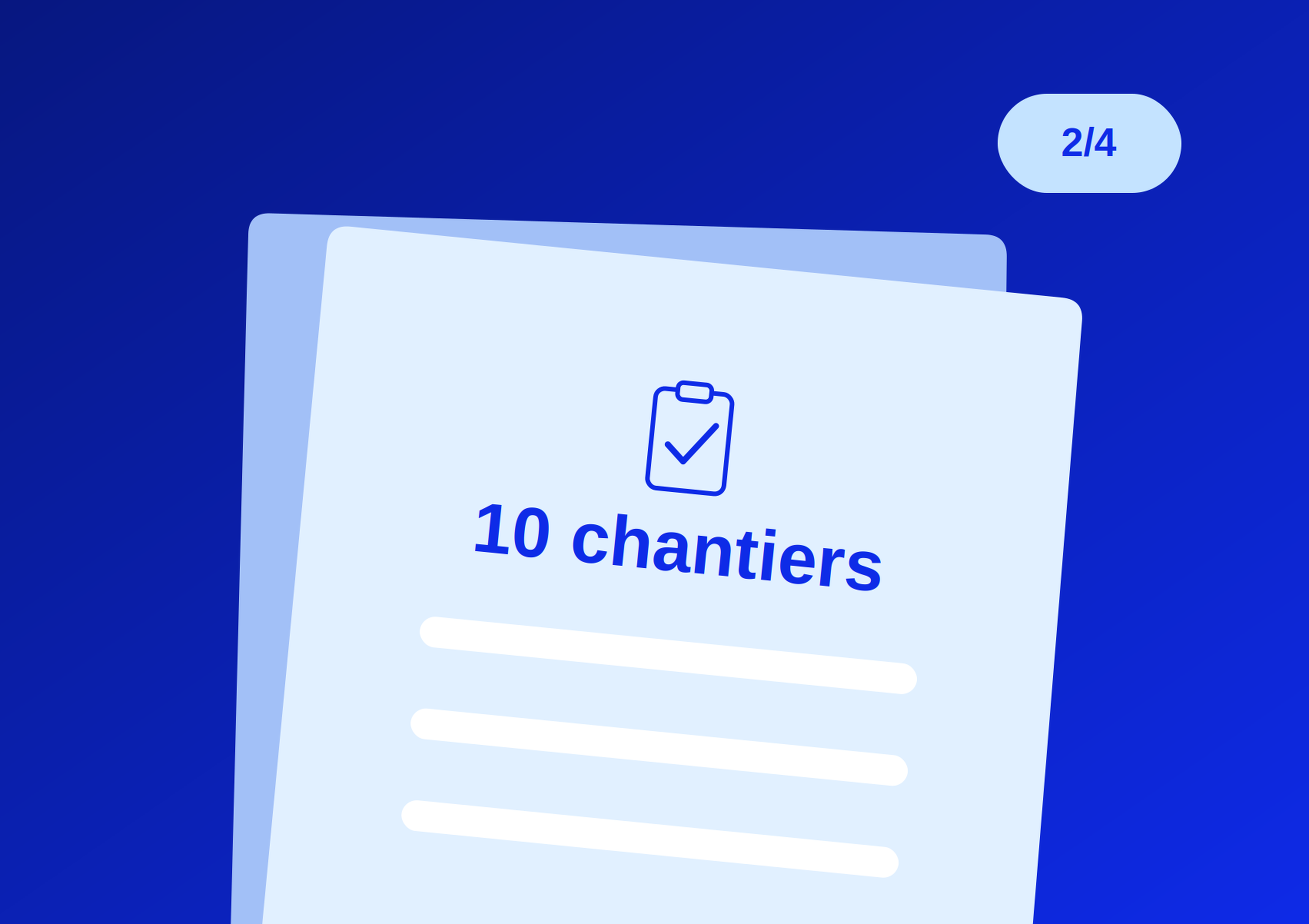 Illustration of a document titled "10 chantiers" with a clipboard icon, set on a blue background with a "2/4" label.