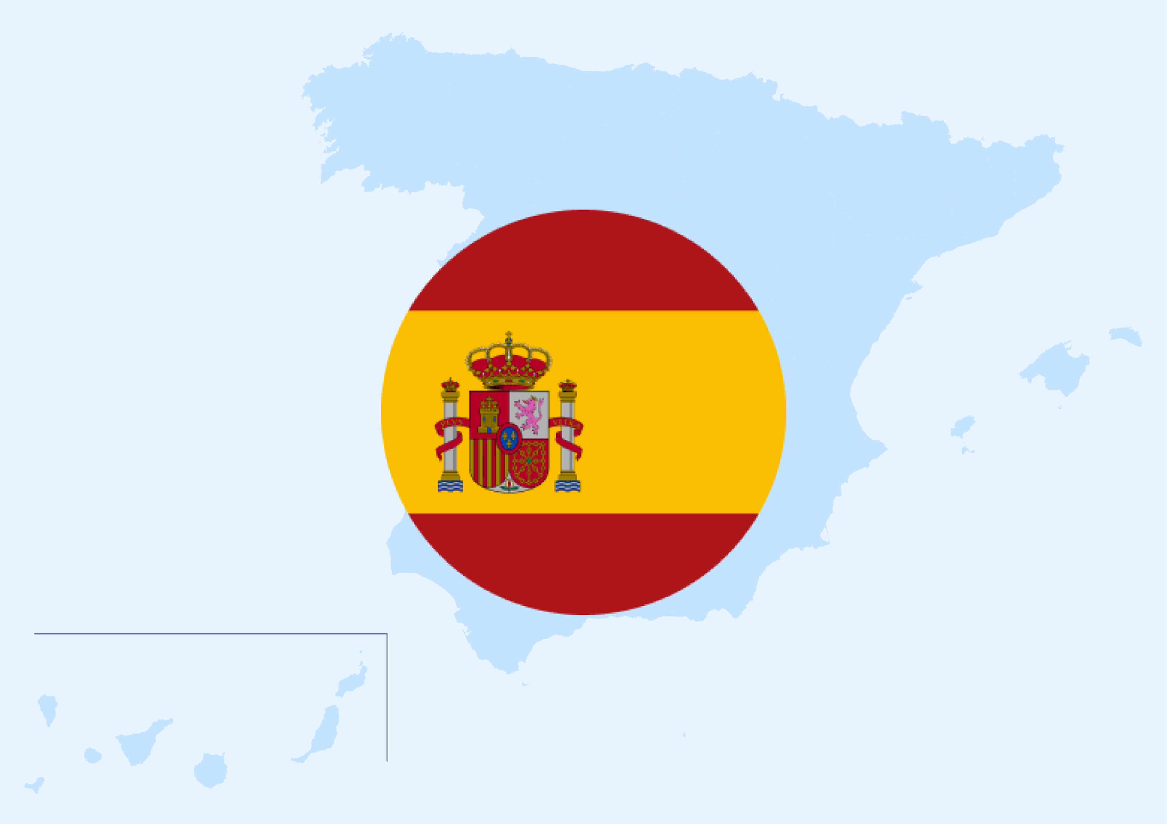 Carte bleu clair de l'Espagne avec un grand drapeau espagnol circulaire (rouge-jaune-rouge avec armoiries) centré sur le pays.