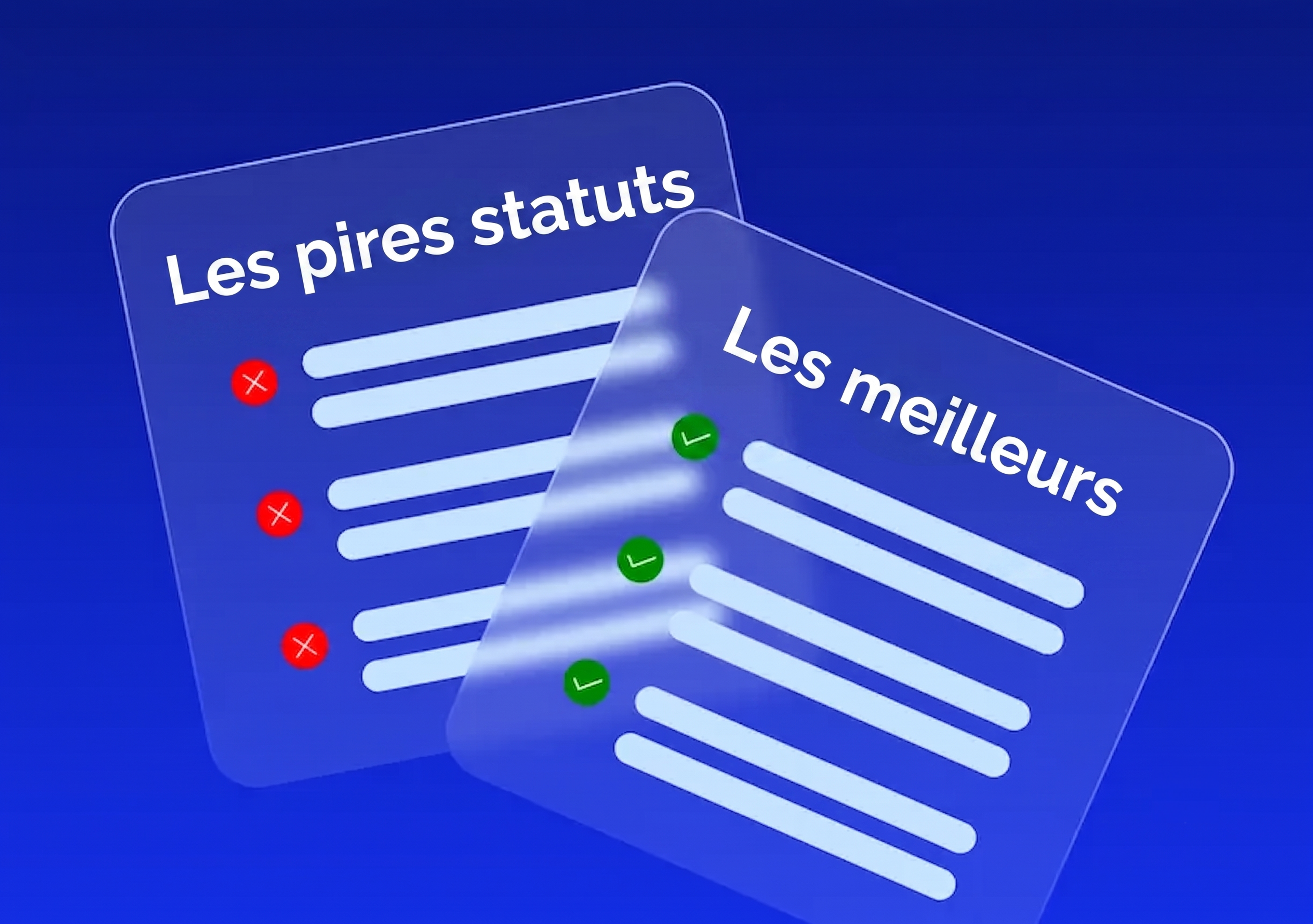 Deux listes intitulées « Les pires statuts », avec des croix rouges, et « Les meilleurs », avec des coches vertes, sur fond bleu.