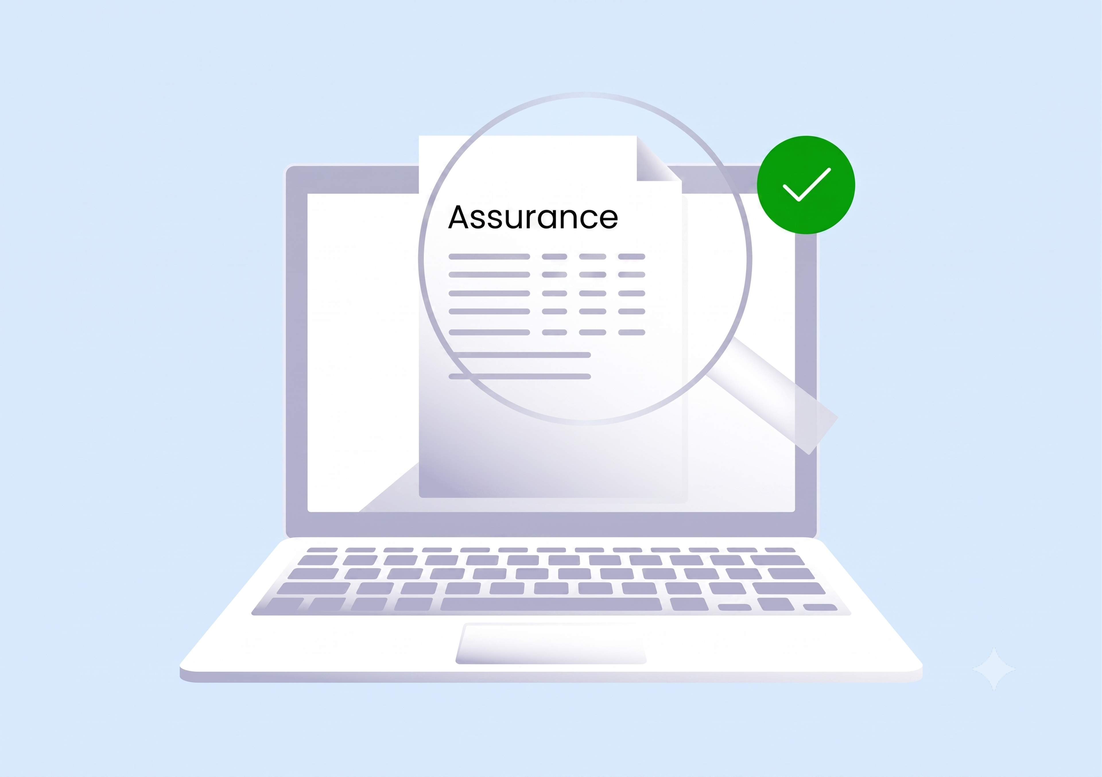L'écran d'un ordinateur portable affichant un document intitulé « Assurance », avec une loupe mettant le texte en évidence et une coche verte à côté.