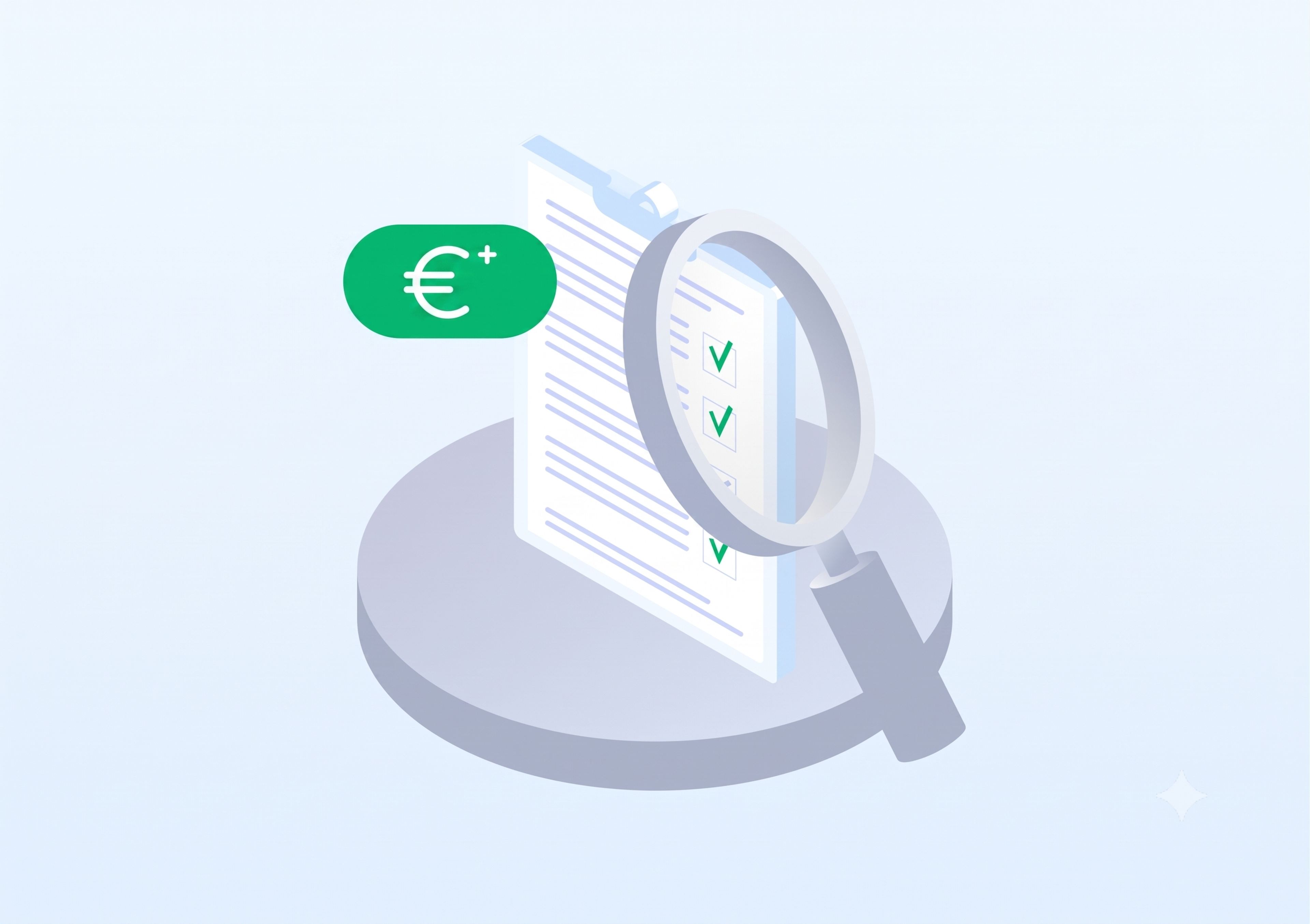 Un presse-papiers comportant une liste de contrôle et des coches est examiné à la loupe, avec le symbole de l'euro à côté.