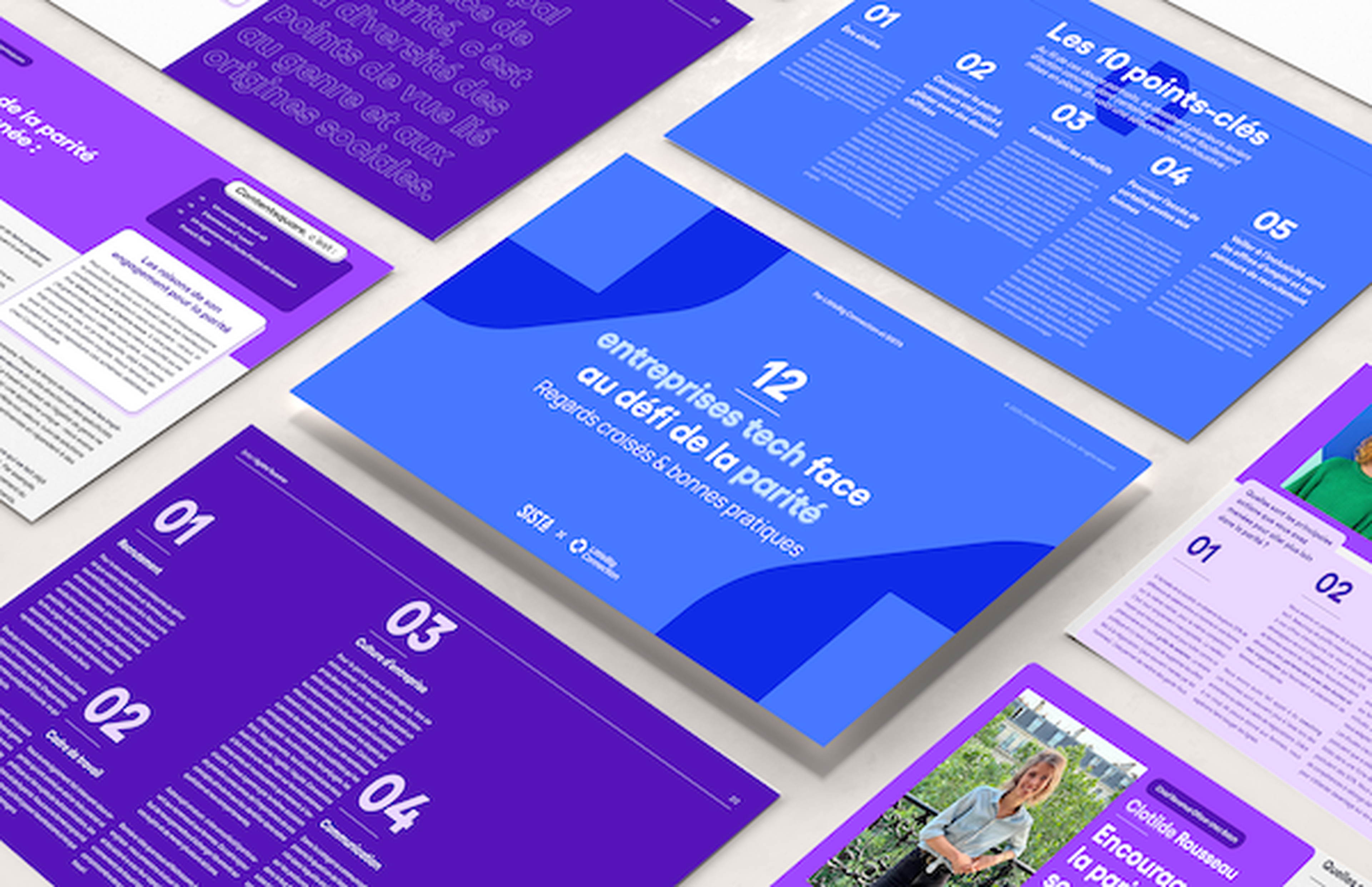 Diverses pages violettes et bleues d'un document intitulé « 12 entreprises technologiques confrontées au défi de la parité hommes-femmes » sont disposées sur une surface.