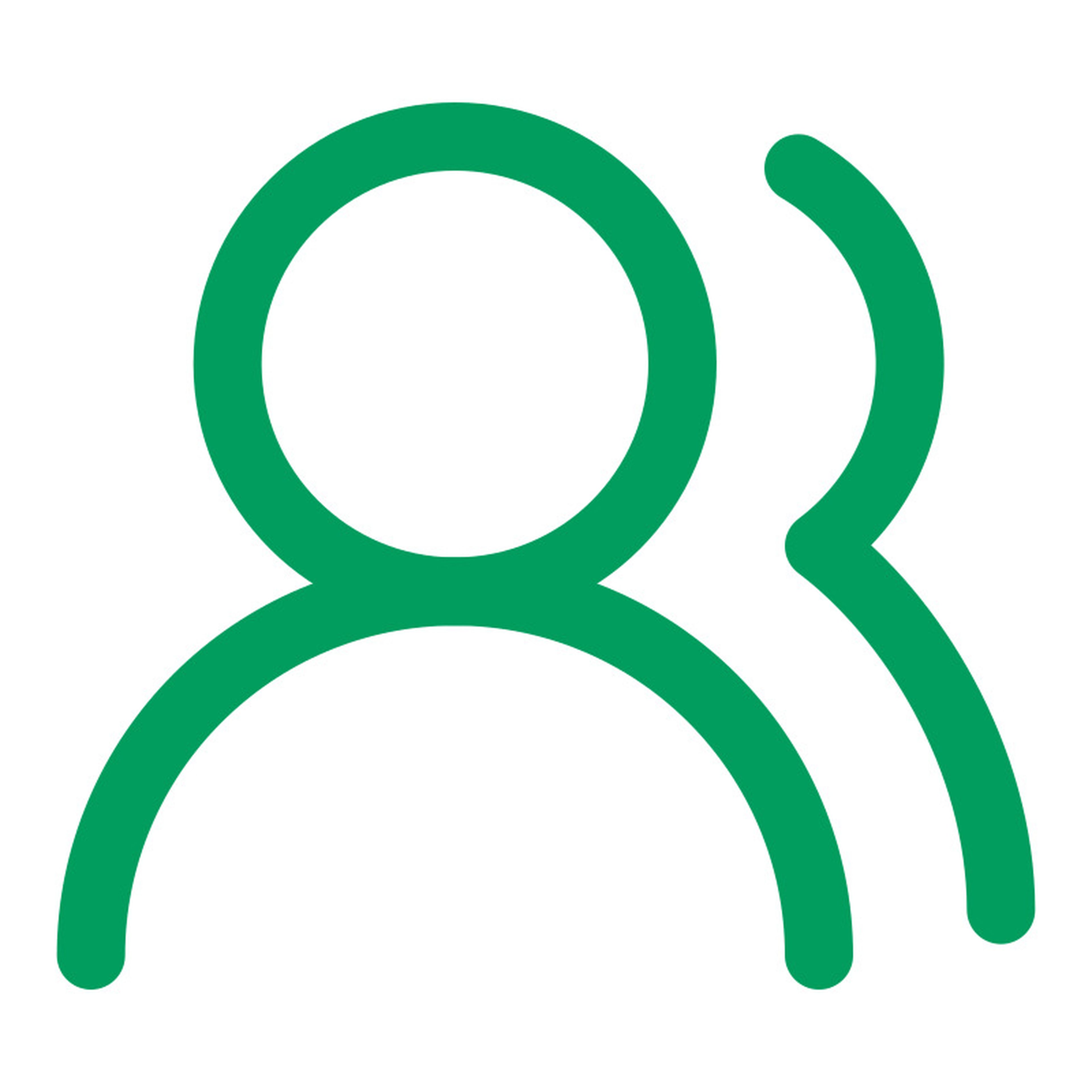 Two green outline icons of people on a white background, suggesting a group or community.