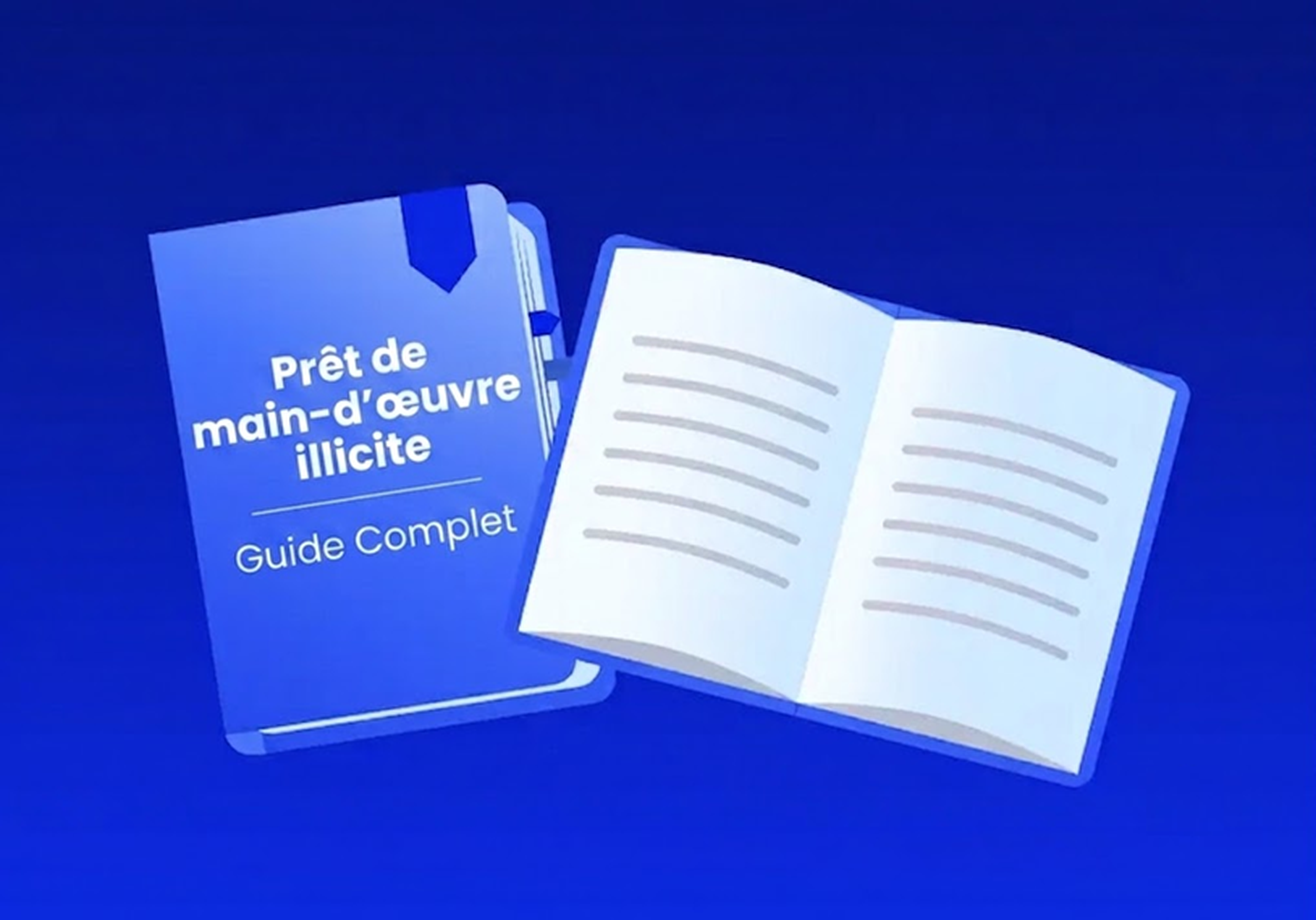 Illustration d'un guide intitulé « Prêt de main-d'œuvre illicite : Guide complet », à côté d'un livre ouvert sur fond bleu.
