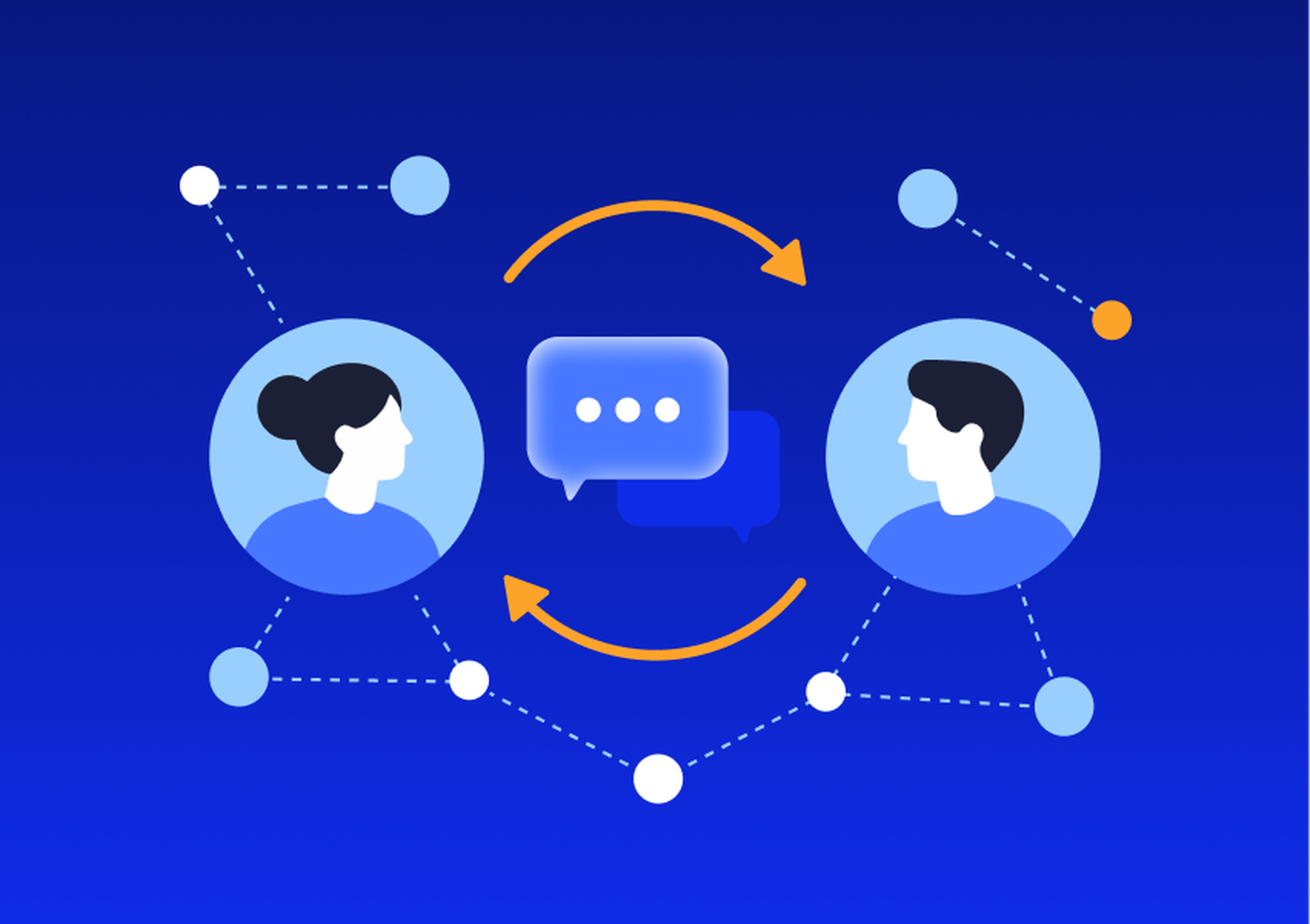 Illustration of two people exchanging messages, connected by lines and arrows, symbolizing communication and interaction on a blue background.