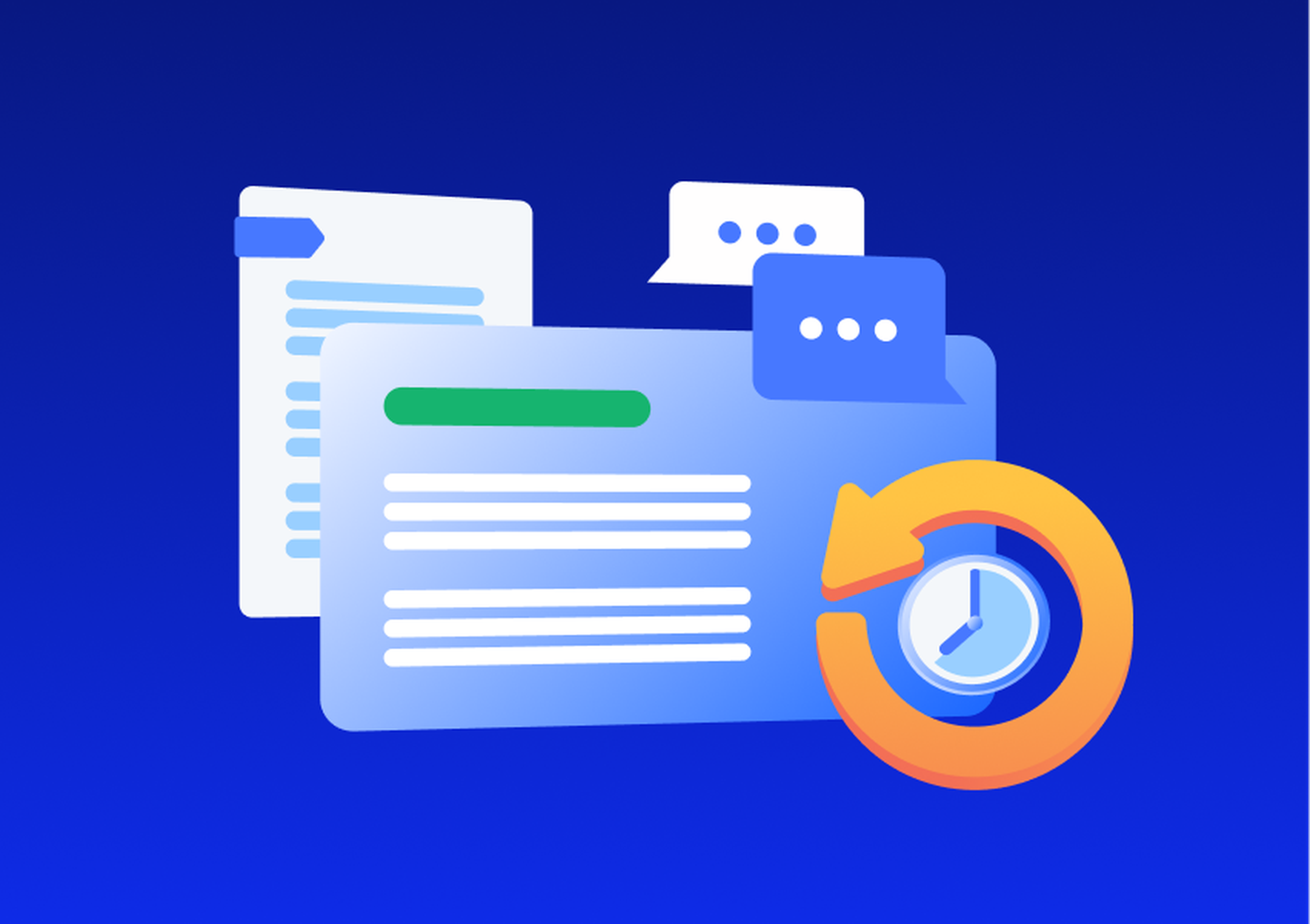 Illustration of digital documents with chat bubbles and a circular clock icon, conveying communication and time management concepts.