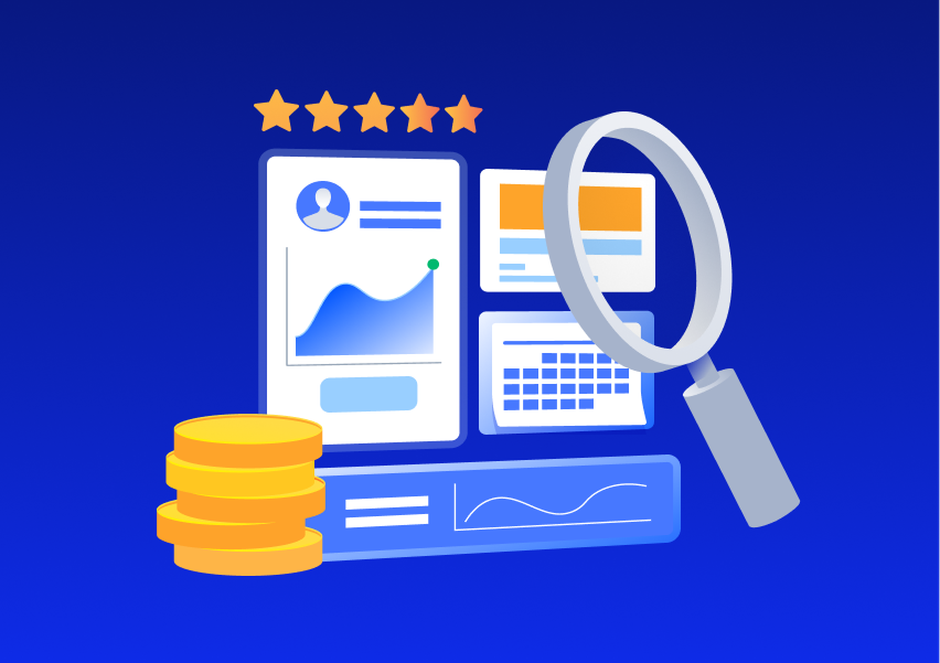 A magnifying glass over digital financial elements, including charts, coins, and five stars, on a blue background.
