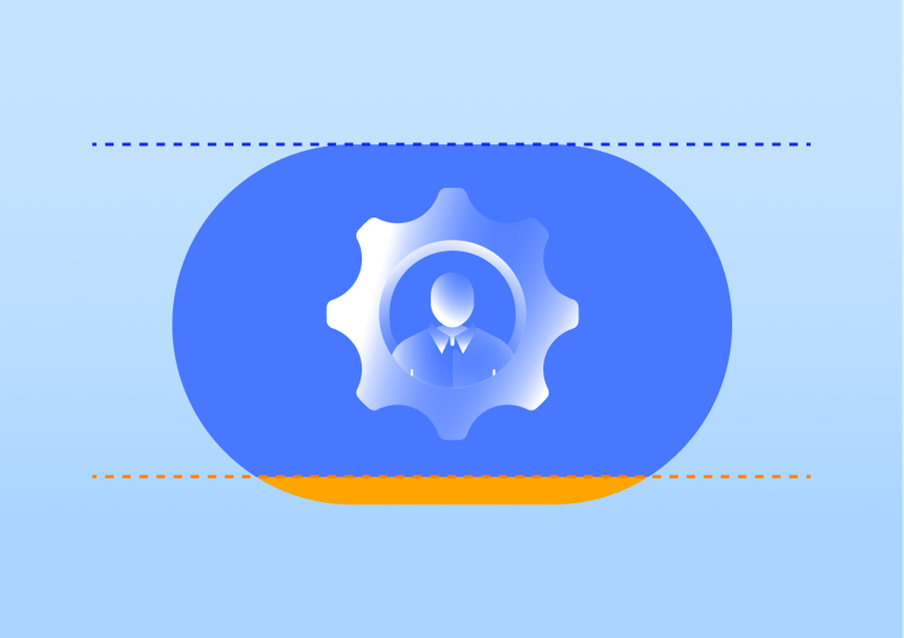Abstract illustration of a person inside a gear on a blue background with dashed lines above and below.