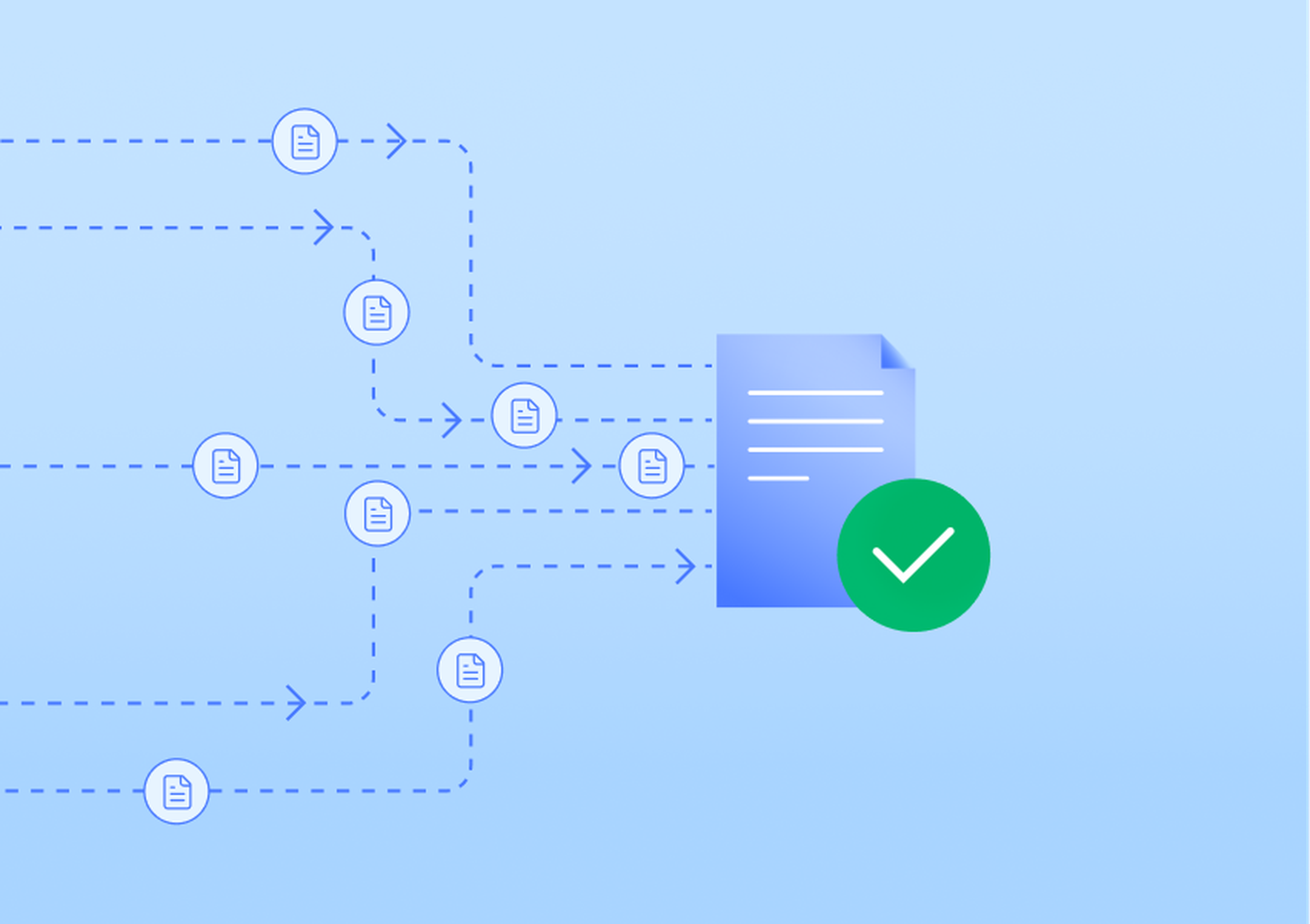 Flowchart showing document icons connected by arrows, leading to a larger document with a green checkmark, symbolizing successful processing.