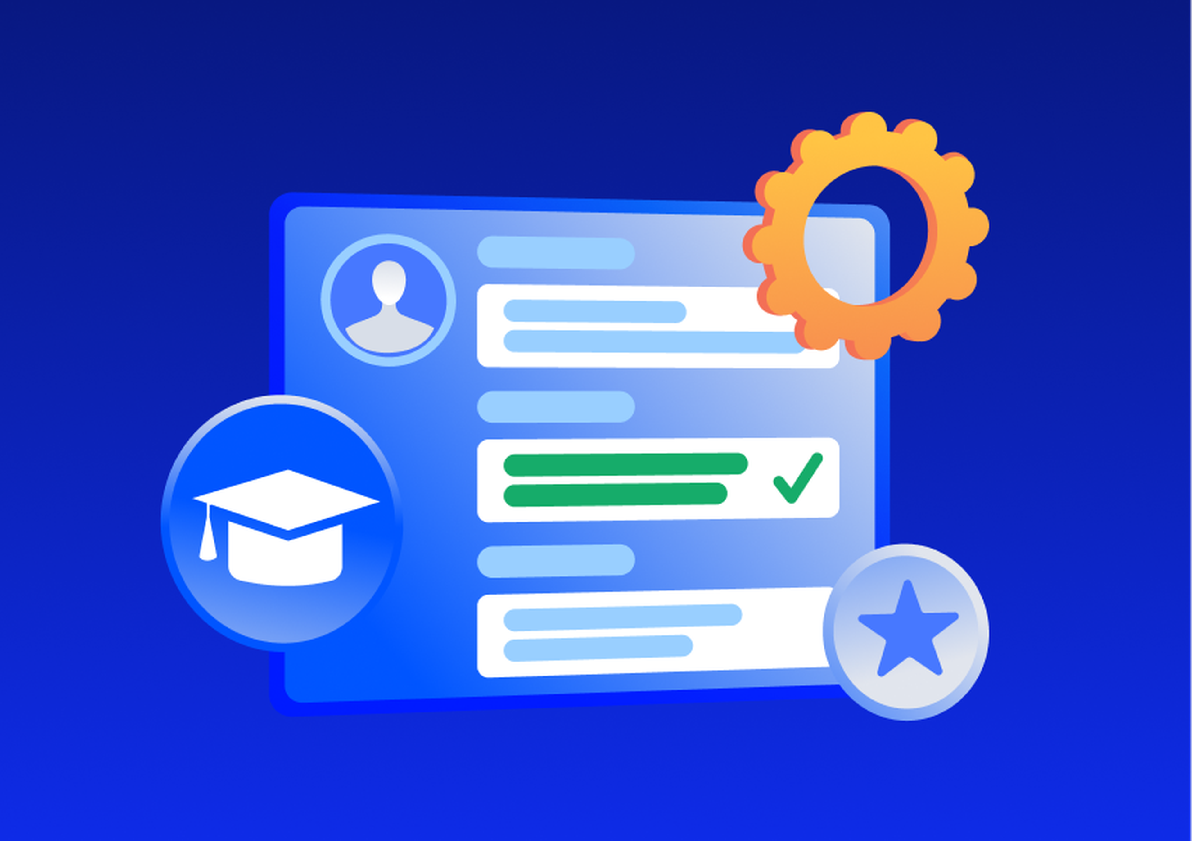 A digital interface with profile, checklist, and icons of a graduation cap, gear, and a star on a blue background.