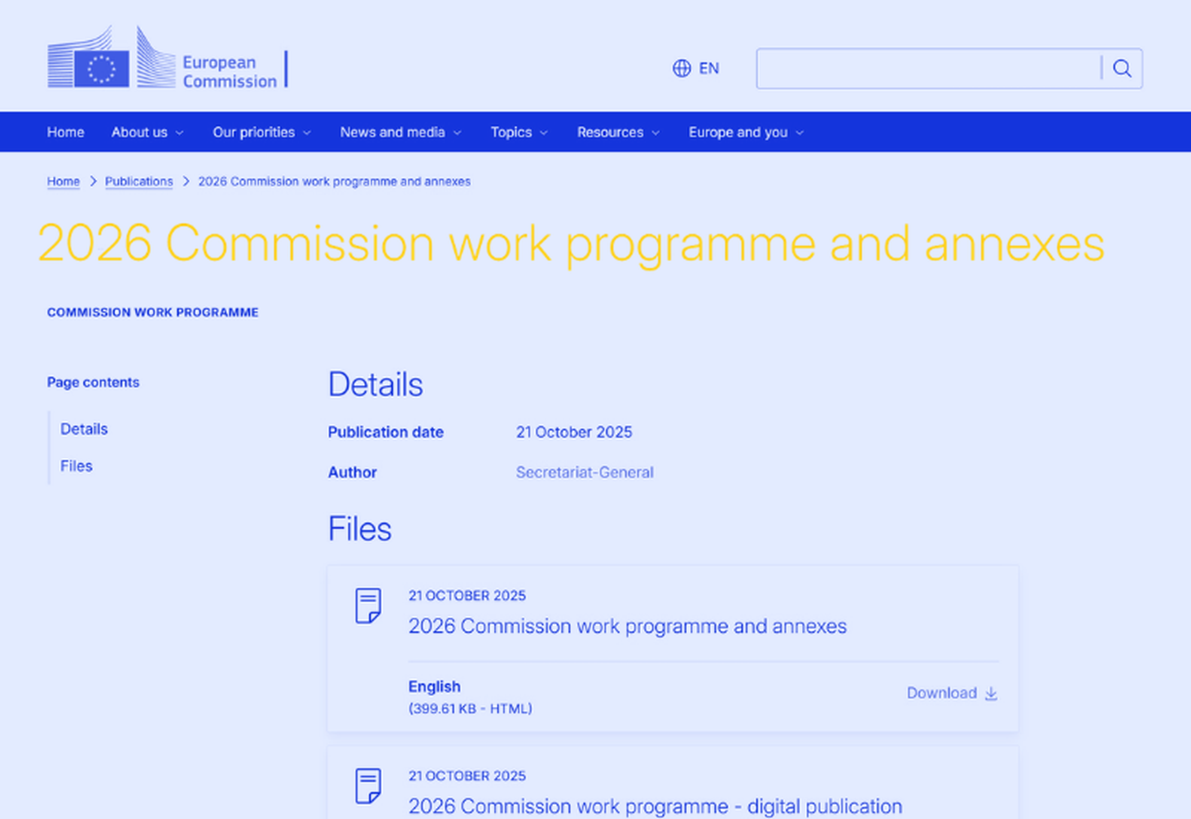 Programme de travail de la Commission européenne