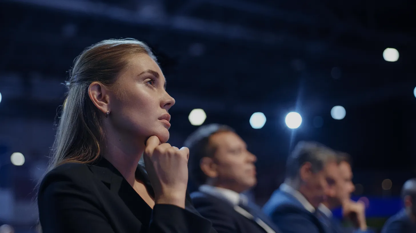 A woman in a suit sits attentively, with her hand on her chin, watching a presentation alongside others in a dimly lit conference room.