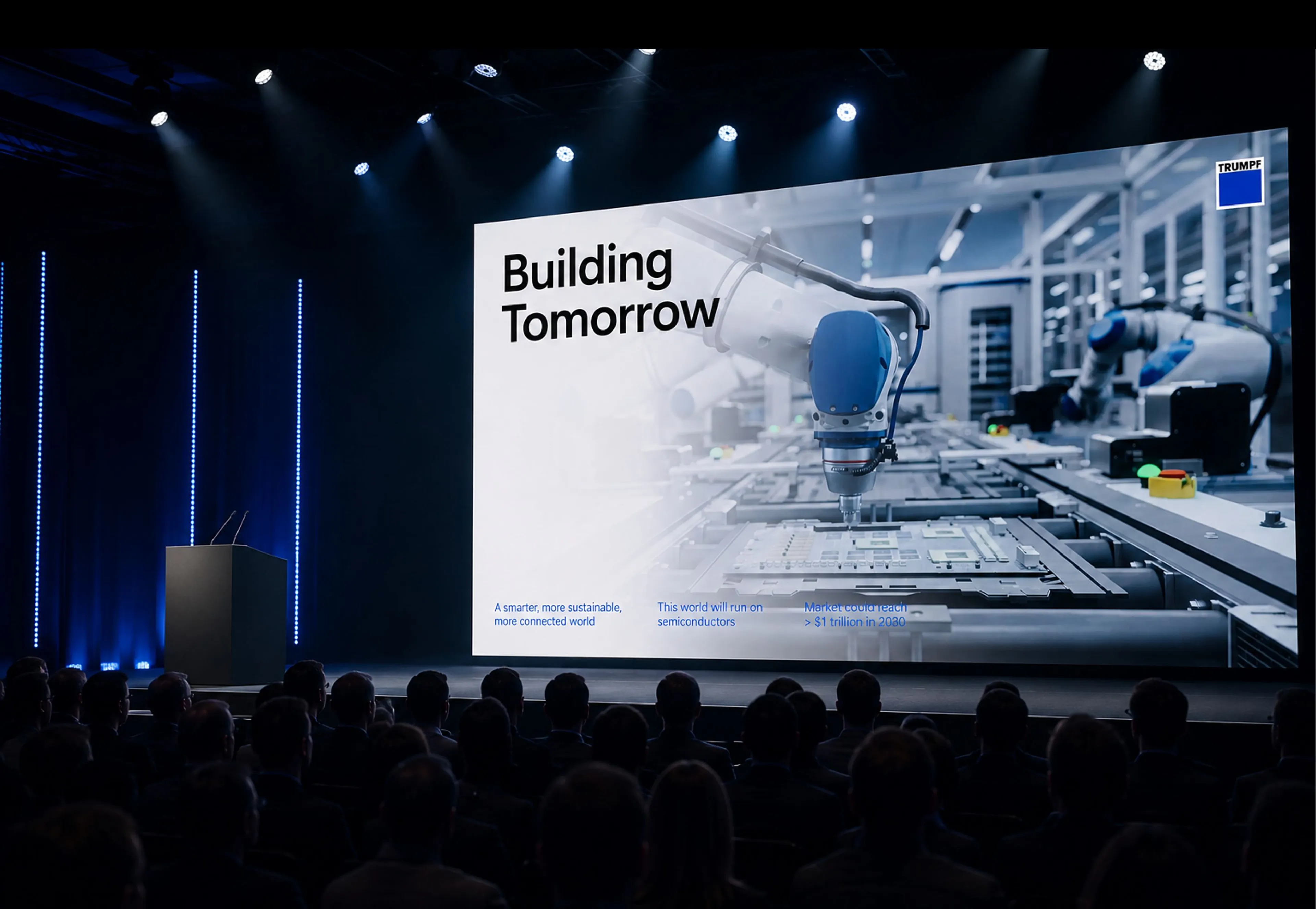 Large screen displaying "Building Tomorrow" with an image of a robotic arm in a factory setting during a presentation to an audience.