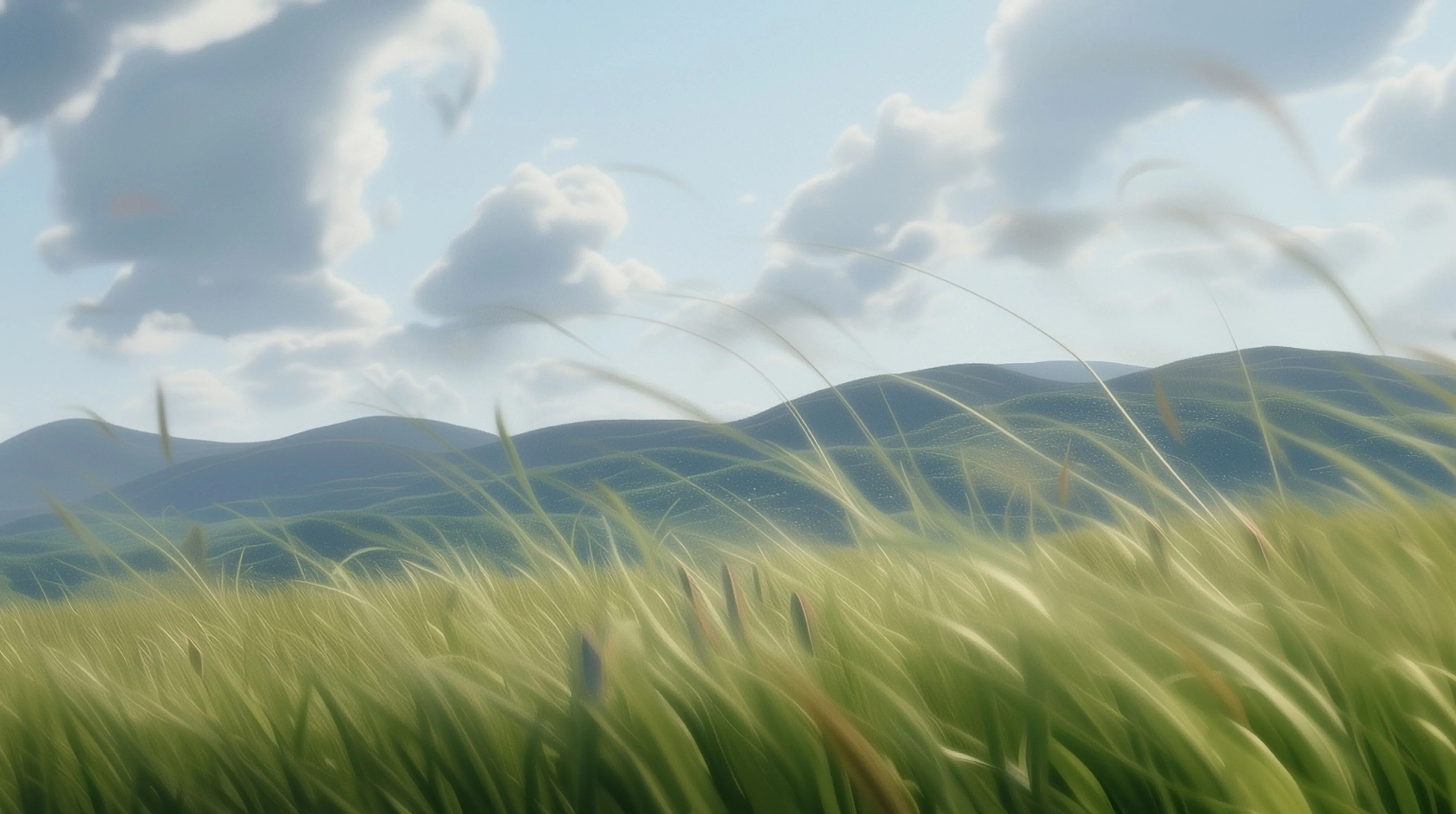 Vibrant green field with tall grasses swaying in the breeze, set against distant blue hills and a sky dotted with fluffy clouds.