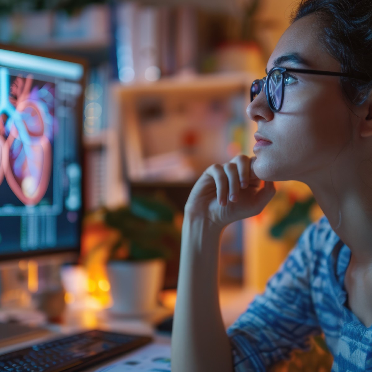 KI-generiertes Bild einer jungen Frau mit Brille, die einen Monitor mit medizinischen Darstellungen betrachtet